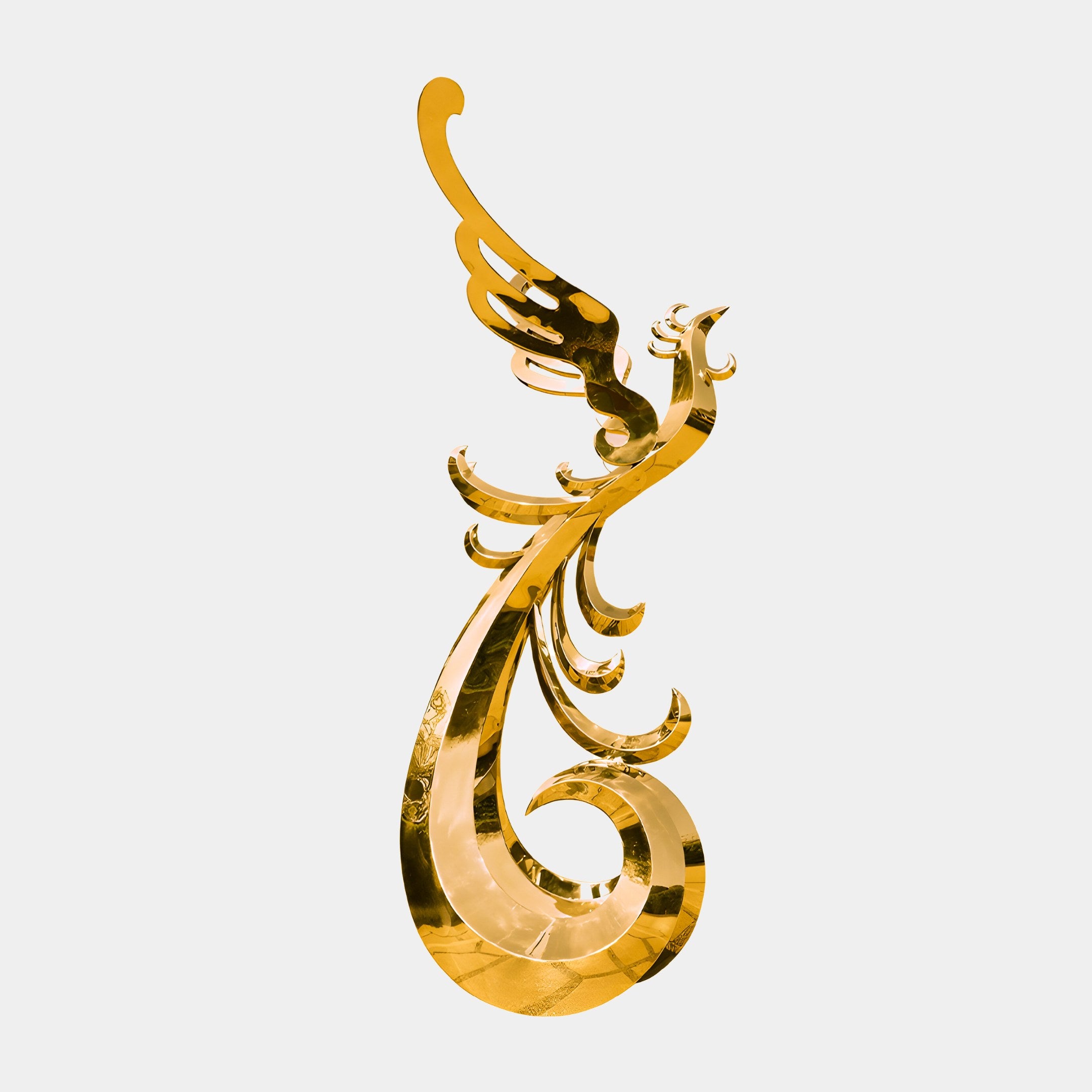 The Phoenix Gold Abstract Outdoor Steel Sculpture by Giant Sculptures, standing at 212cm, features flowing curves and a wing-like extension reminiscent of a phoenix. Set against a plain white background, its design exudes modern luxury, suggesting movement and elegance.