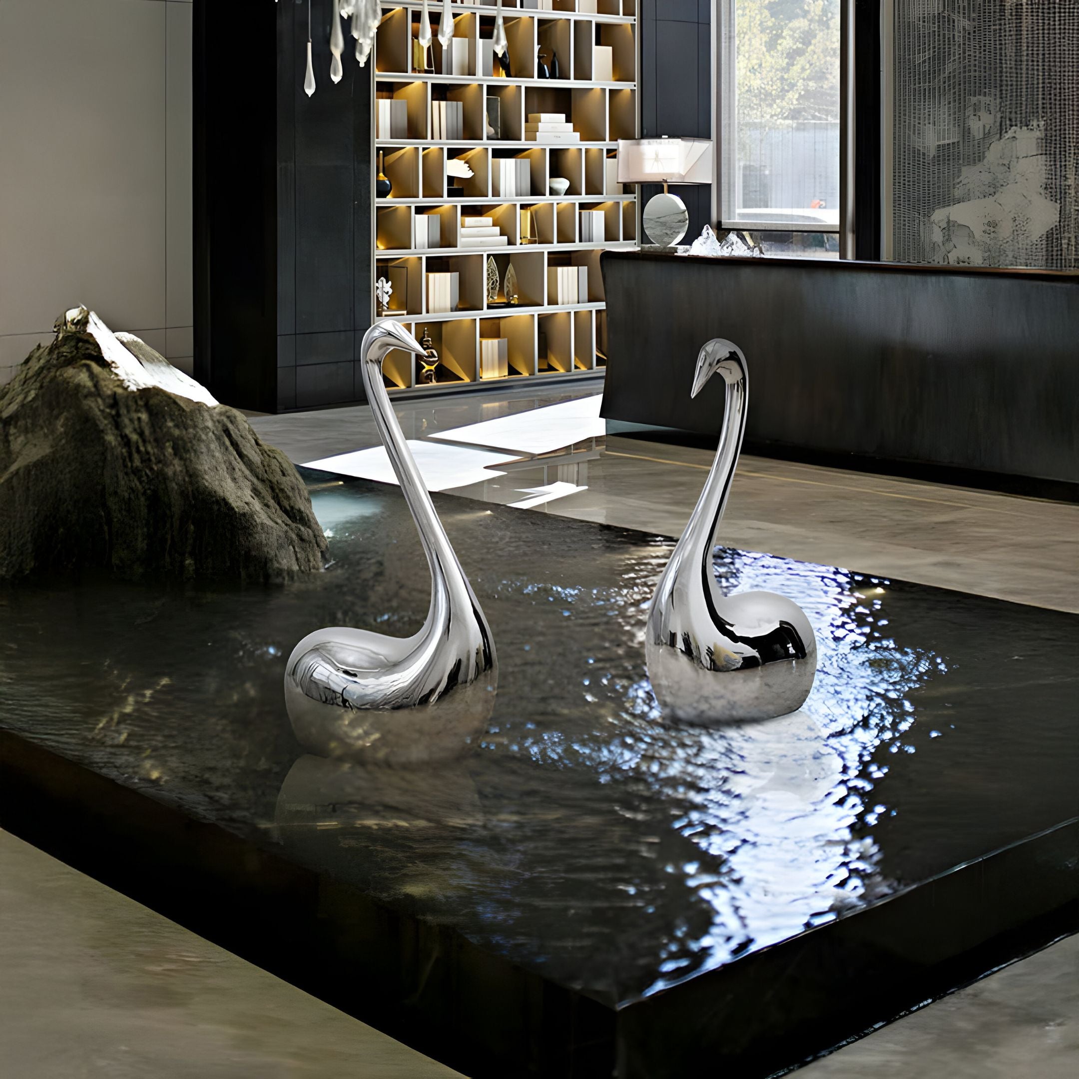 Giant Sculptures Swan Silver Abstract Steel Sculpture (80/108cm) exudes contemporary elegance in this modern interior. A sleek water feature complements the swans, while a geometric shelving unit sits in the background, with natural light beautifully illuminating the room.