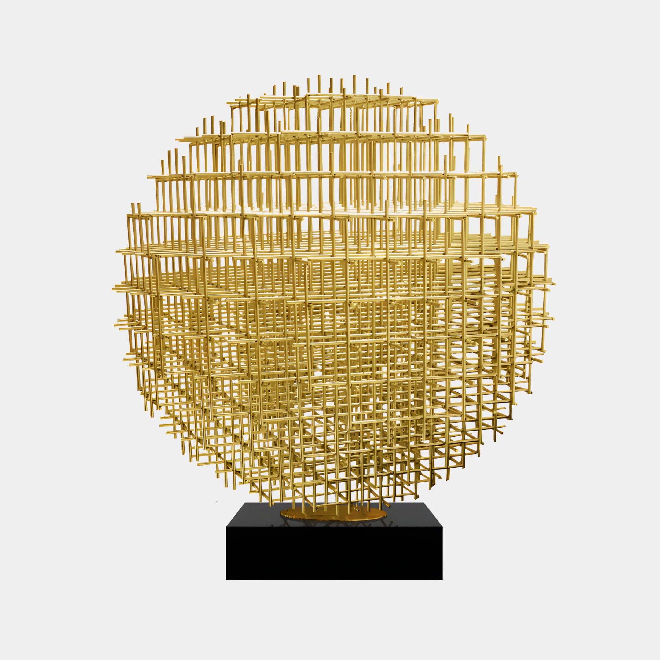 The Mesh Gold Geometric Steel Sculpture - 135/200cm by Giant Sculptures showcases a modern design with intertwining yellow rods forming a spherical lattice structure. It is displayed on a black rectangular base set against a plain white backdrop, creating the impression of an elaborate mesh gold sculpture.