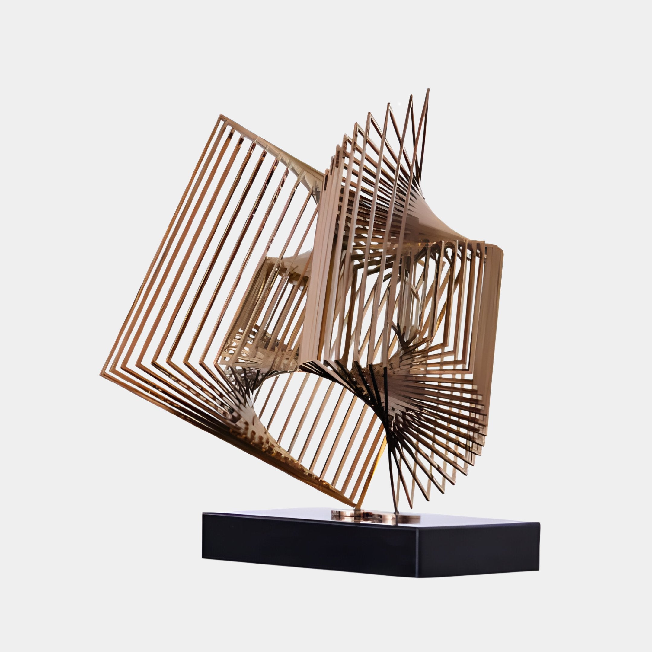 The Quantum Copper Geometric Steel Sculpture by Giant Sculptures features a modern design with interlocking bronze metal bars, forming an abstract wave-like structure. This 46cm piece is mounted on a black rectangular base, creating an intricate pattern of lines and shadows that is perfect for enriching contemporary interiors.