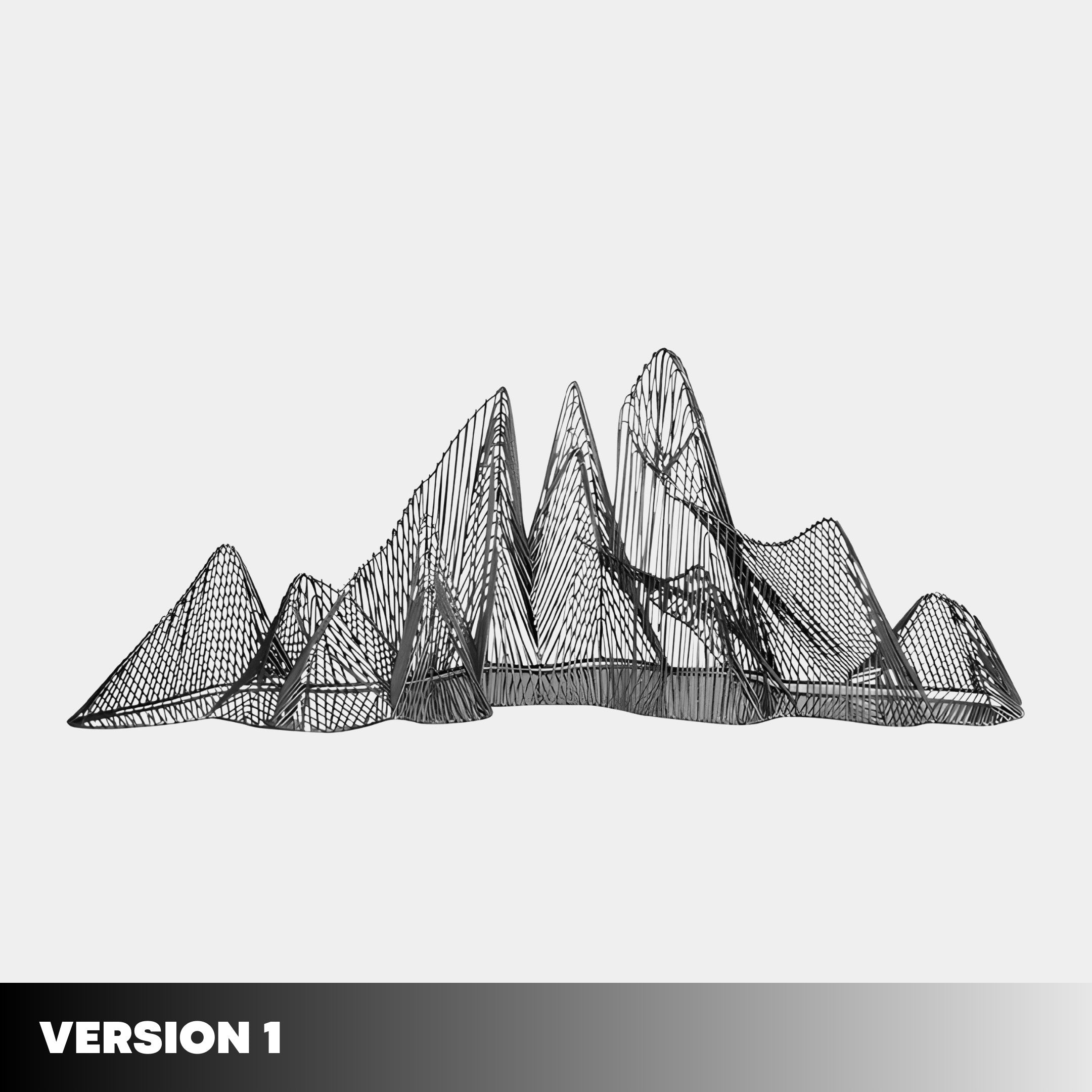 A 3D wireframe design of a mountain range unfolds against a grey background, with black lines intricately forming peaks and valleys into the Ascent Black Wireframe Steel Mountain Sculpture by Giant Sculptures. The words "Version 1" are elegantly marked in the bottom left corner on a gradient strip, completing the sleek visual journey.