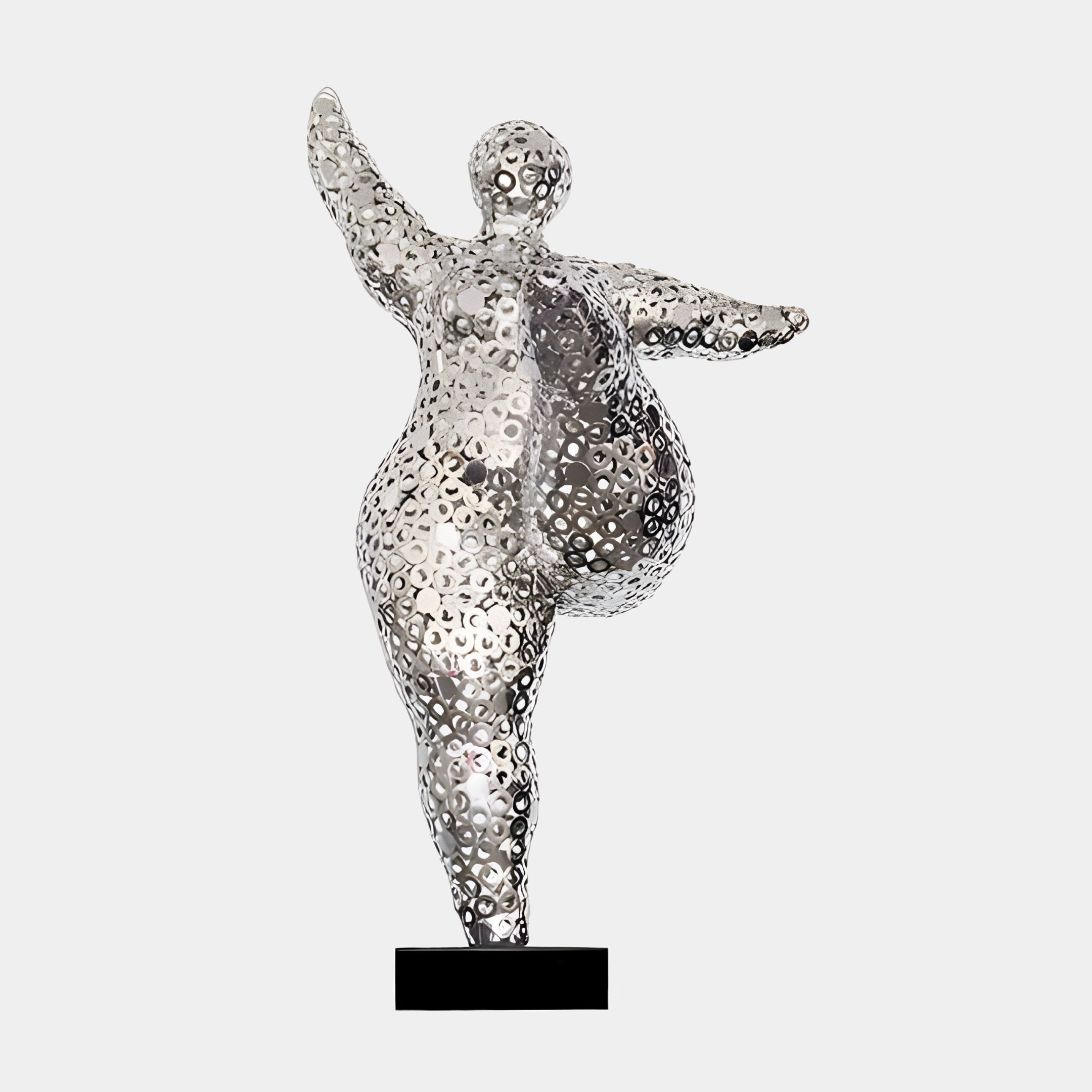 Introducing the Nimbus Silver Organic Steel Sculpture - 95cm by Giant Sculptures, a contemporary masterpiece depicting a stylized human figure with an arm raised. Its stainless steel surface features perforated circular holes, creating an intriguing textured effect. This elegant silver sculpture is mounted on a sleek black base, making it ideal for modern outdoor settings.