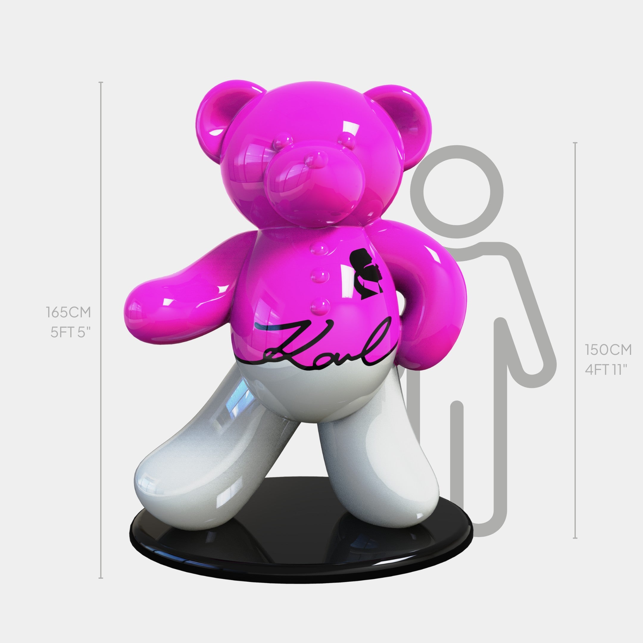 The Gacko Karl Bear Sculpture - 165cm by Giant Sculptures embodies vibrant pop art with its glossy pink body and white pants, signed by André Gacko. It stands on a black base with a chest icon, alongside a gray silhouette for size comparison of 165 cm and 150 cm.