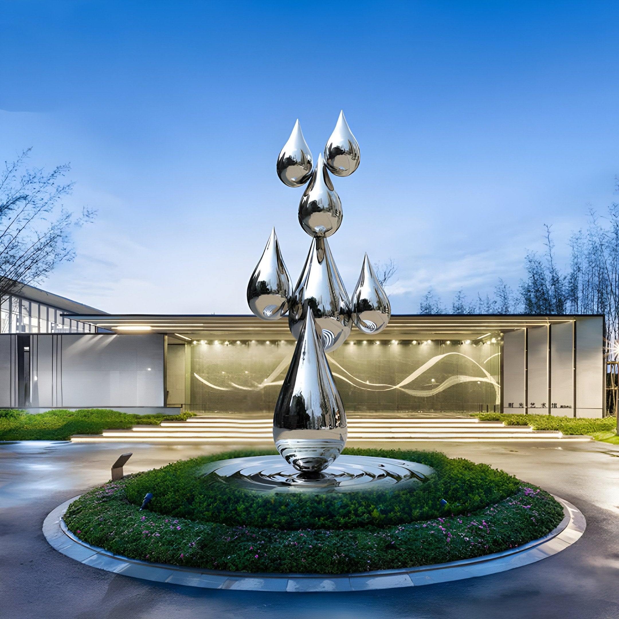 A futuristic building features the Raindrop Organic Steel Outdoor Sculpture by Giant Sculptures, a sleek teardrop-shaped metallic marvel. This 120/220cm artwork graces a circular grassy island amid paved pathways under a serene early evening or morning sky.