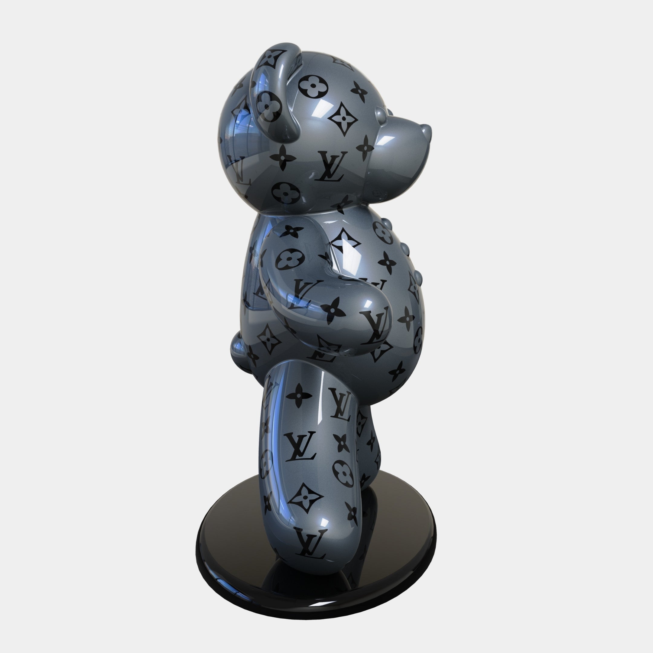 The 165cm Gacko Grey LV Bear Sculpture by Giant Sculptures is a Limited Edition Pop Art piece featuring stylish logos. It stands left-facing on a black base with its head angled upwards, reflecting light to highlight its intricate design.