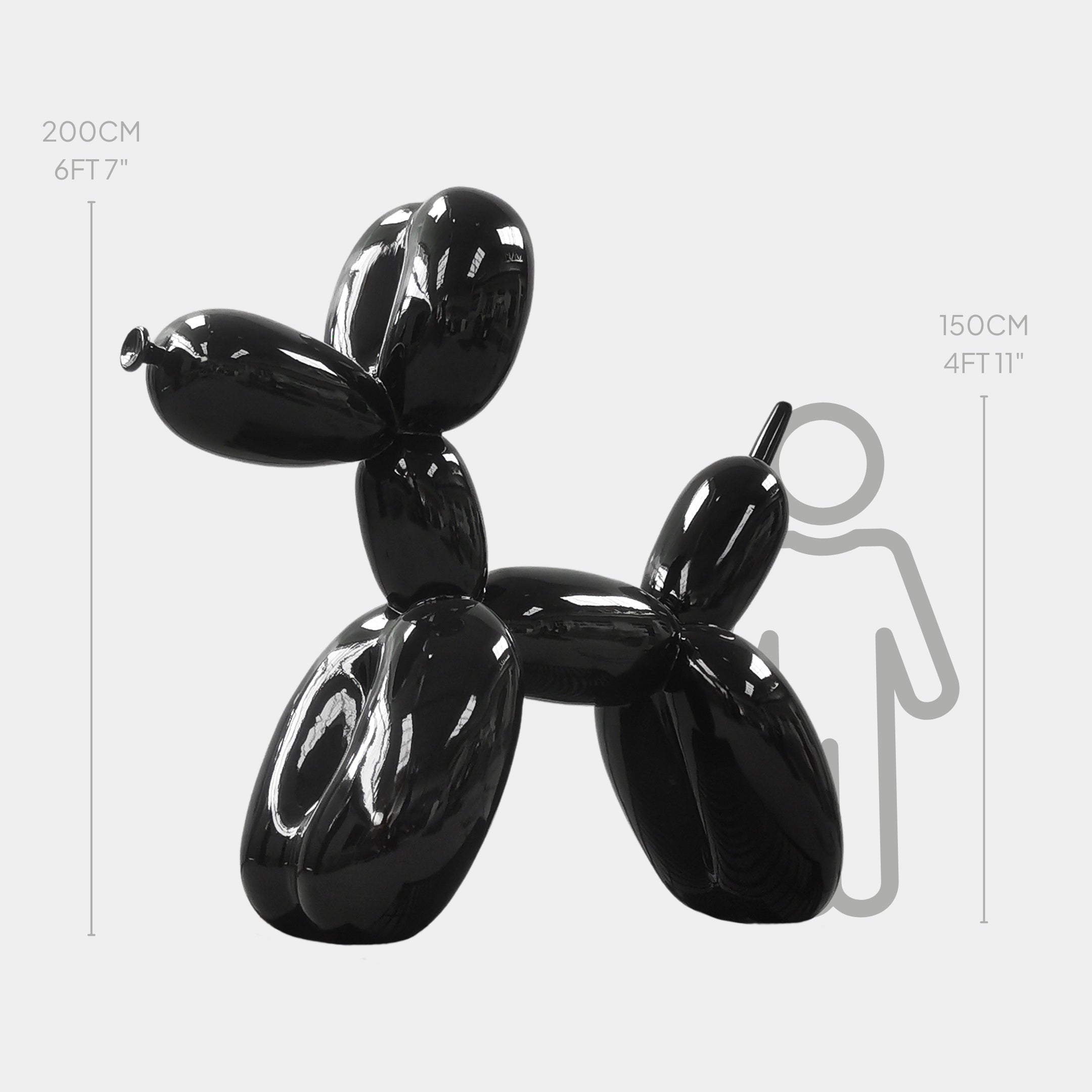 Giant Sculptures presents the Onyx Black Balloon Dog Sculpture - 200cm, radiating modern elegance as it stands beside a 150 cm (4 ft 11 in) figure for scale, all set against a minimalist white background.