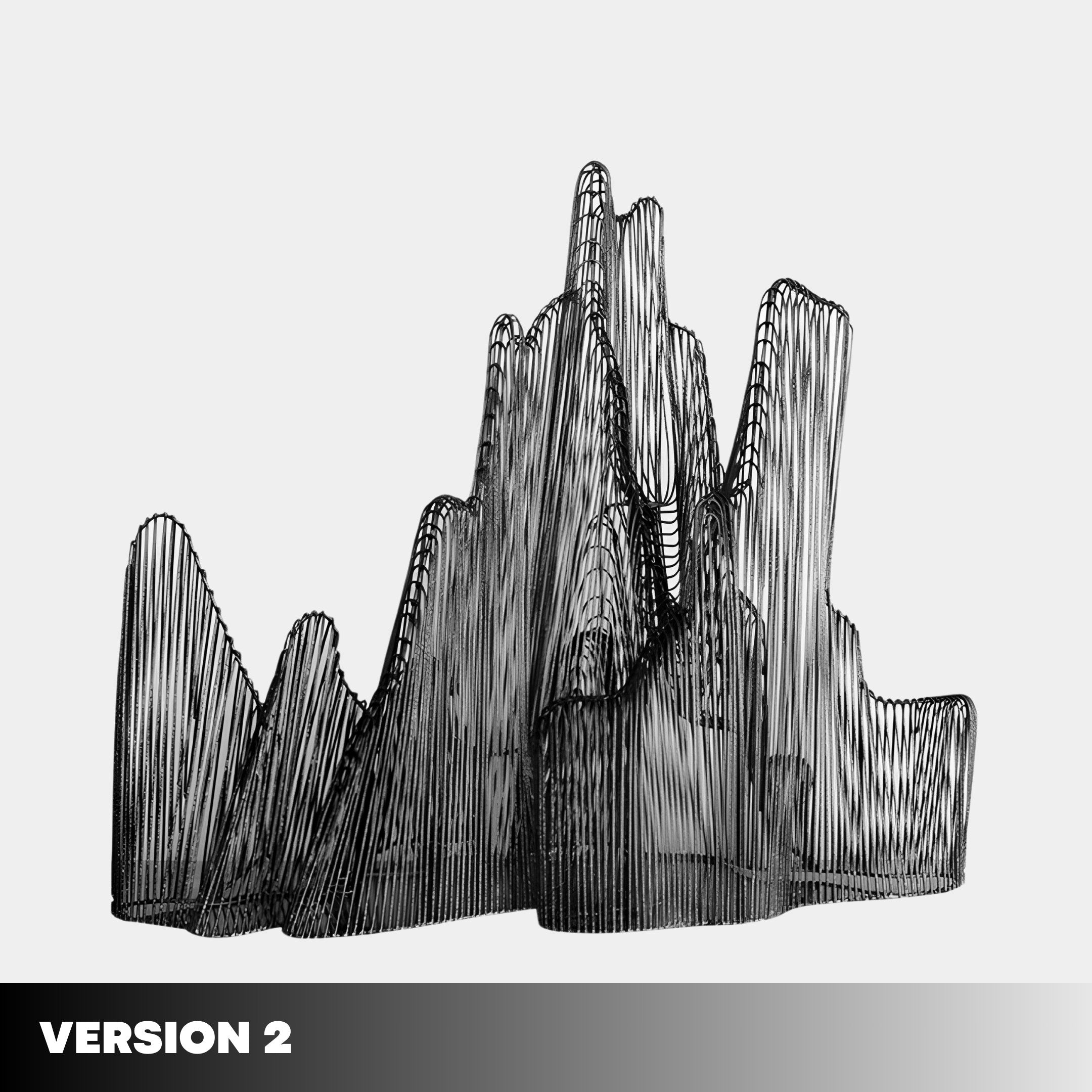 Crafted by Giant Sculptures, the Ascent Black Wireframe Steel Mountain Sculpture features a complex design that resembles jagged peaks or abstract mountains against a light gray background, with the text VERSION 2 shown in the bottom left corner.