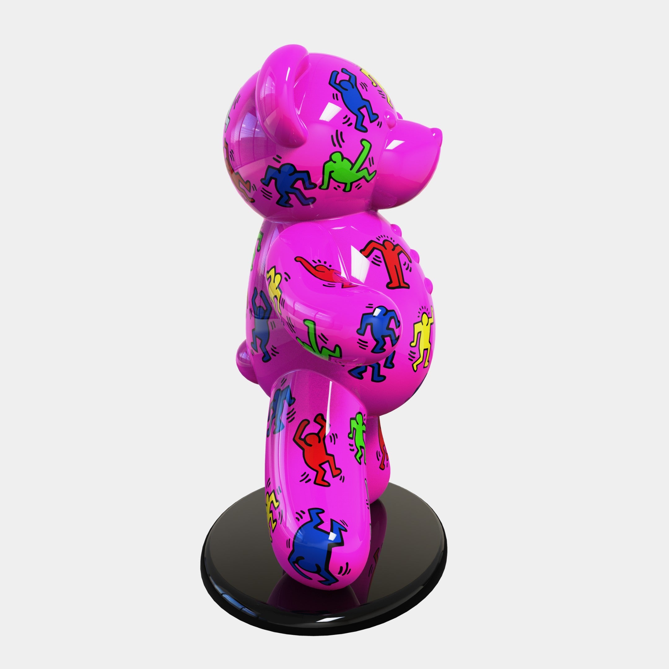 The Gacko Keith Haring Pink Bear Sculpture by Giant Sculptures, standing 165cm tall, is adorned with colorful cartoon figures in blue, red, green, and yellow on a shiny black base. The pop art style features the bear facing right.