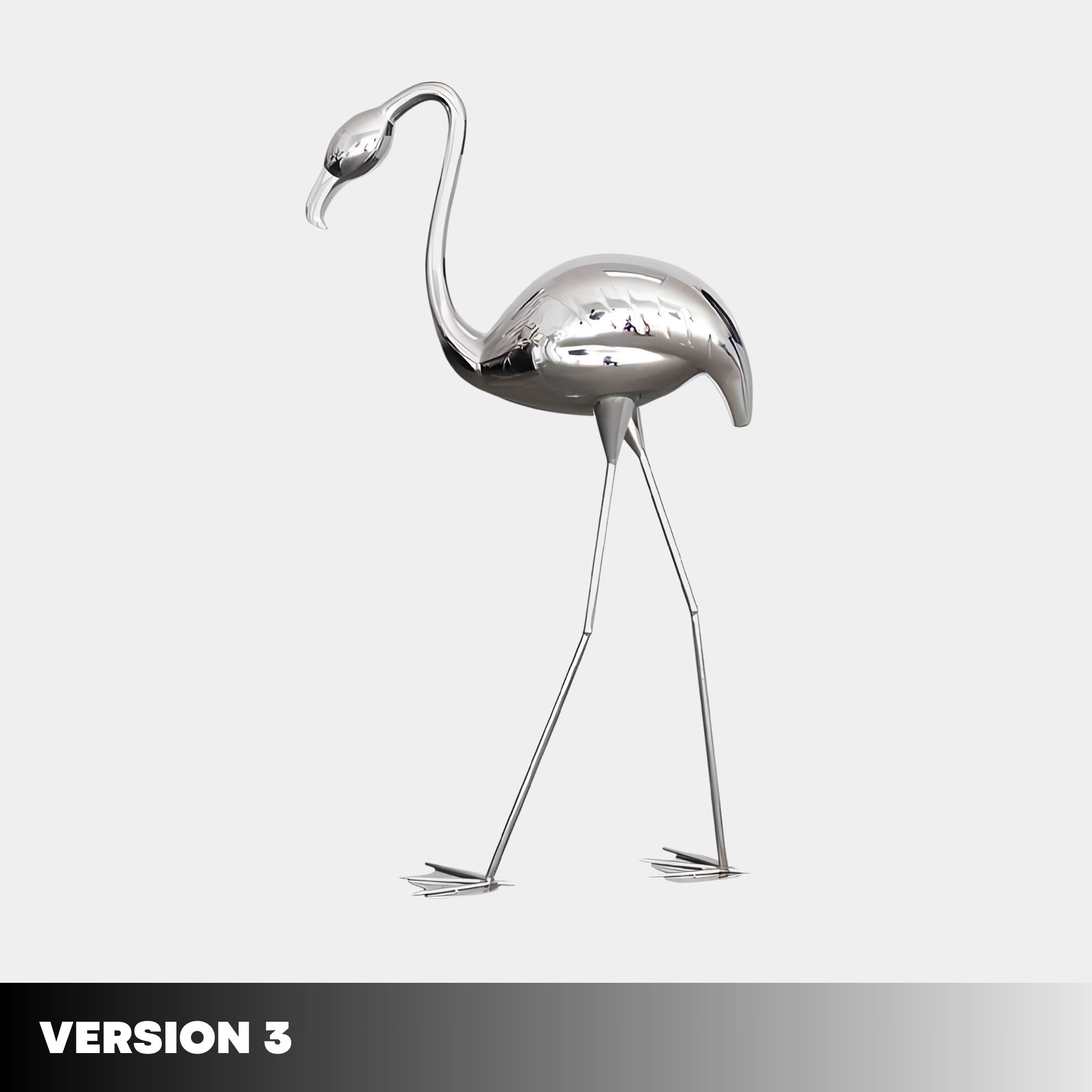 A sleek Flamingo Stainless Steel Outdoor Sculpture by Giant Sculptures, available in 94cm/147cm, stands elegantly against a white background, embodying modern outdoor artistry.