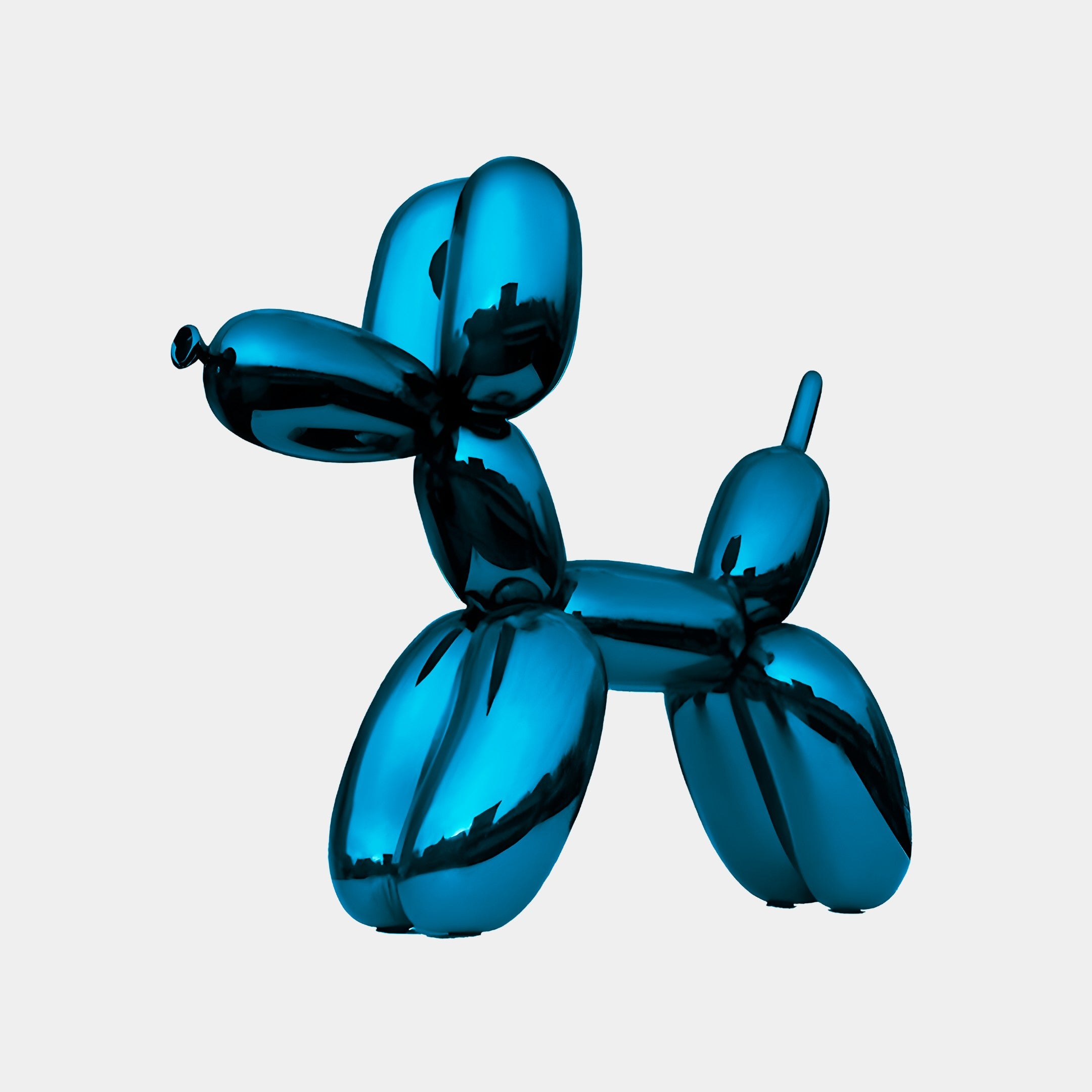 Glossy teal dog sculpture with a reflective finish, posed in a standing position with a playful tail. This 90cm sculpture has a whimsical, balloon-like appearance.