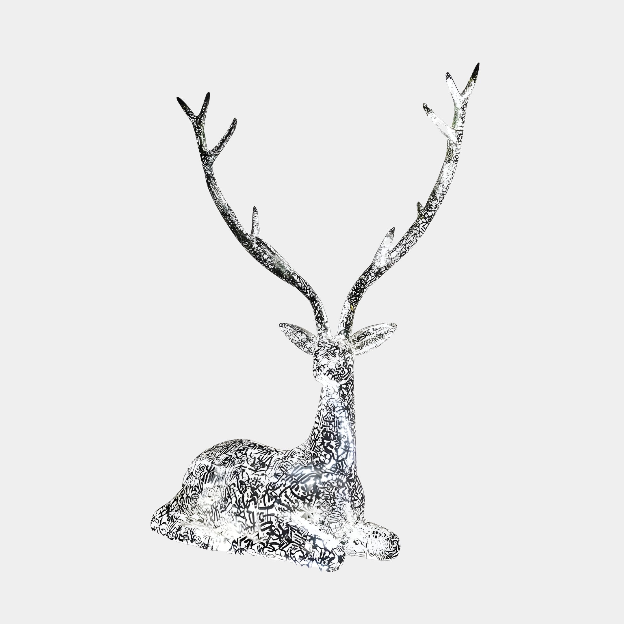 The Luminous Stag II Silver Steel LED Sculpture by Giant Sculptures showcases a stunning resting deer with intricately detailed patterns across its body. This exquisite 125cm piece is adorned with majestic antlers and is set against a plain white background, capturing elegance and craftsmanship in every detail.