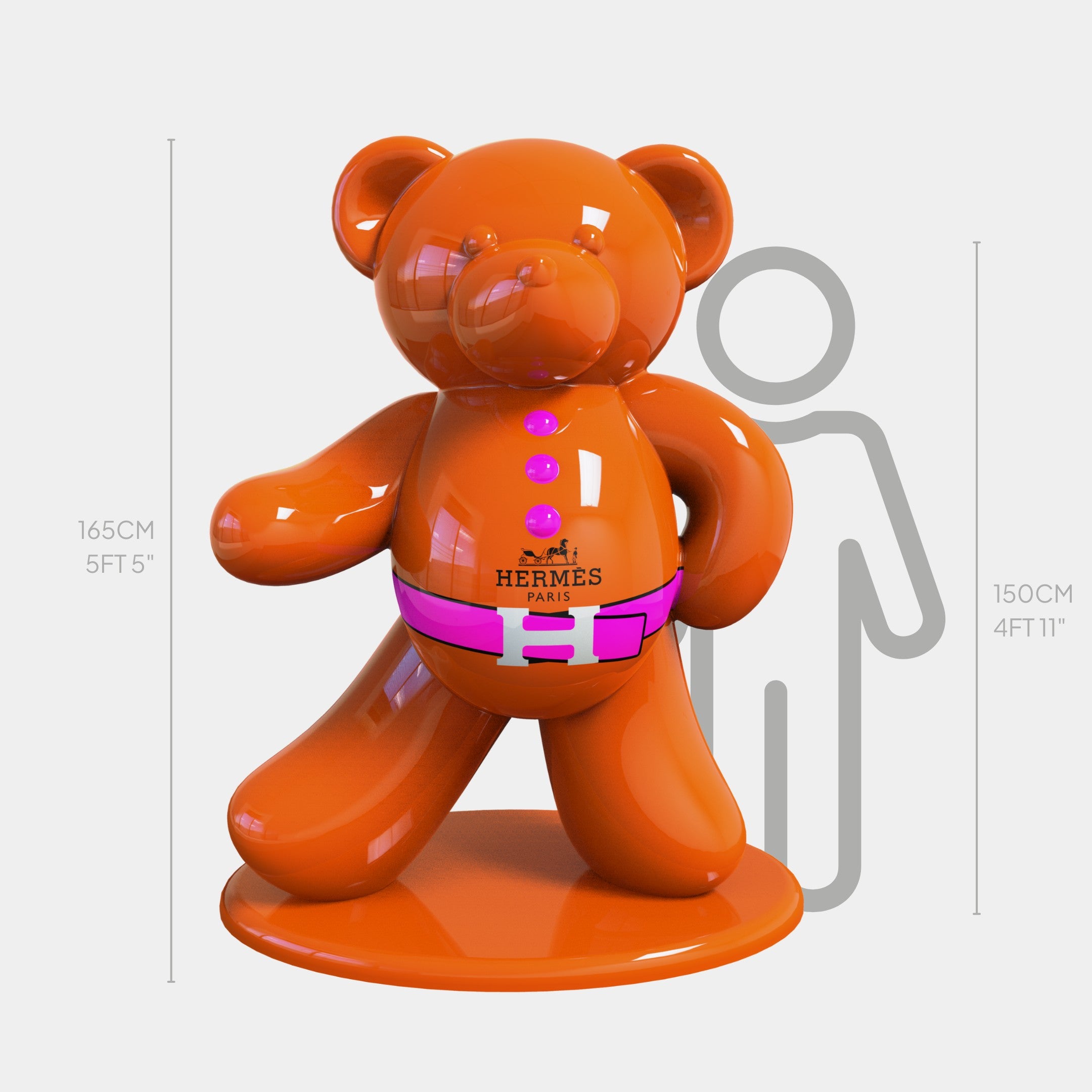 The Gacko Hermes Bear Sculpture, from Giant Sculptures, is an orange bear with a pink belt and purple buttons on a circular base, measuring 165 cm tall. A gray outline of a human figure for scale is 150 cm tall. Inspired by Pop Art-Luxe Collaboration.