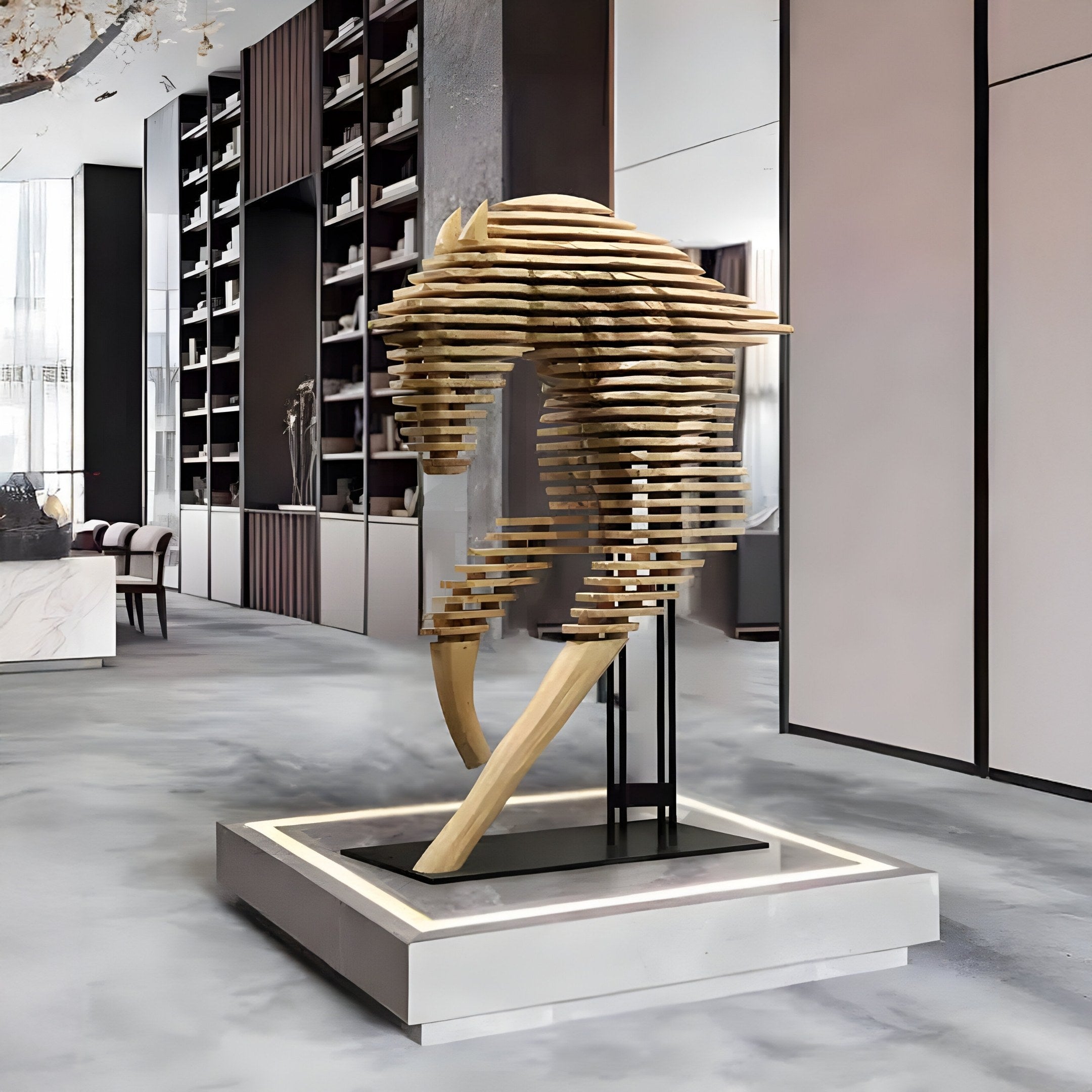 A modern interior showcases a Rising Stallion Steel Horse Sculpture by Giant Sculptures, resembling a horses head. It stands on a black platform in a spacious room with shelves, a marble counter, and large windows in the background.