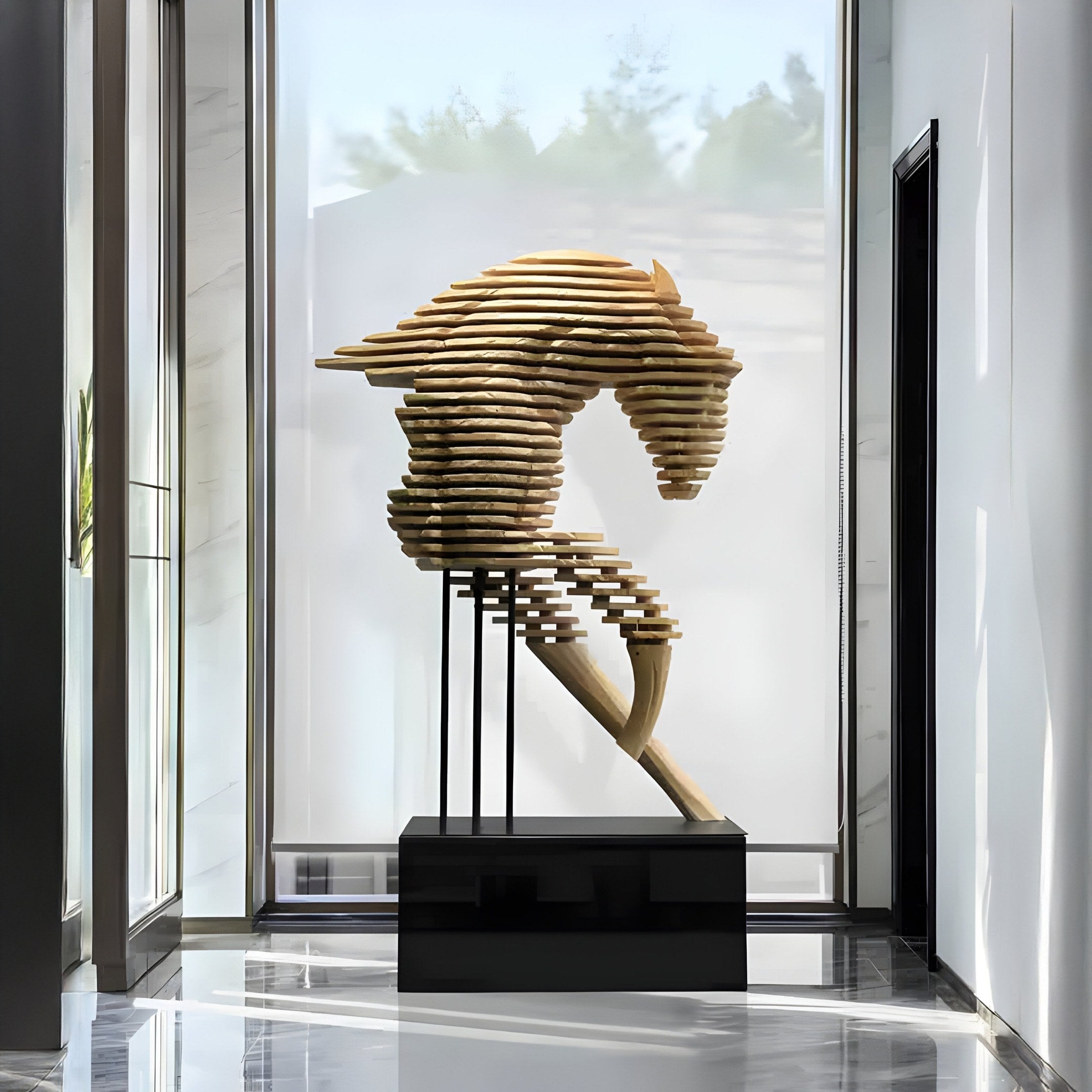 The Rising Stallion Steel Horse Sculpture - 160cm by Giant Sculptures graces a contemporary, minimalist hallway. Its head and neck design is highlighted by large glass windows and a reflective floor, enhancing its majestic presence.