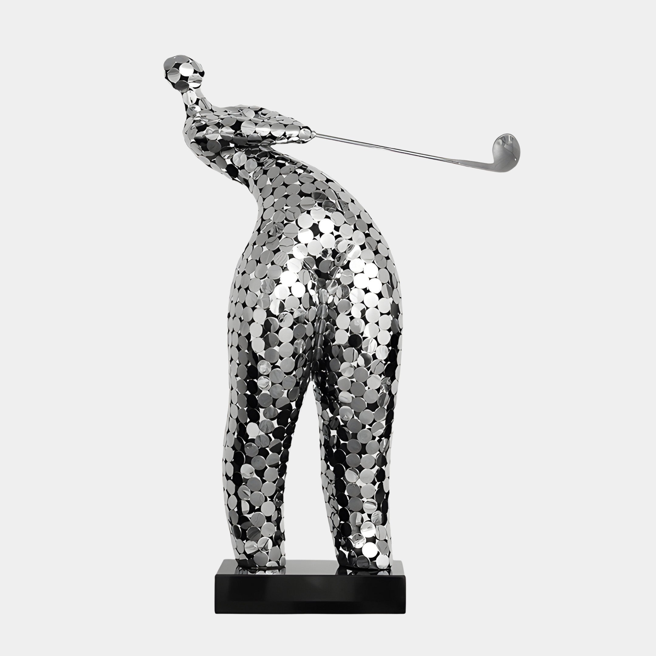 The Solace Golf Silver Abstract Steel Sculpture by Giant Sculptures portrays a person swinging a club, crafted from reflective circular discs. This modern art piece stands 86cm tall on a black rectangular base, designed with an upward angle to highlight its dynamic motion.