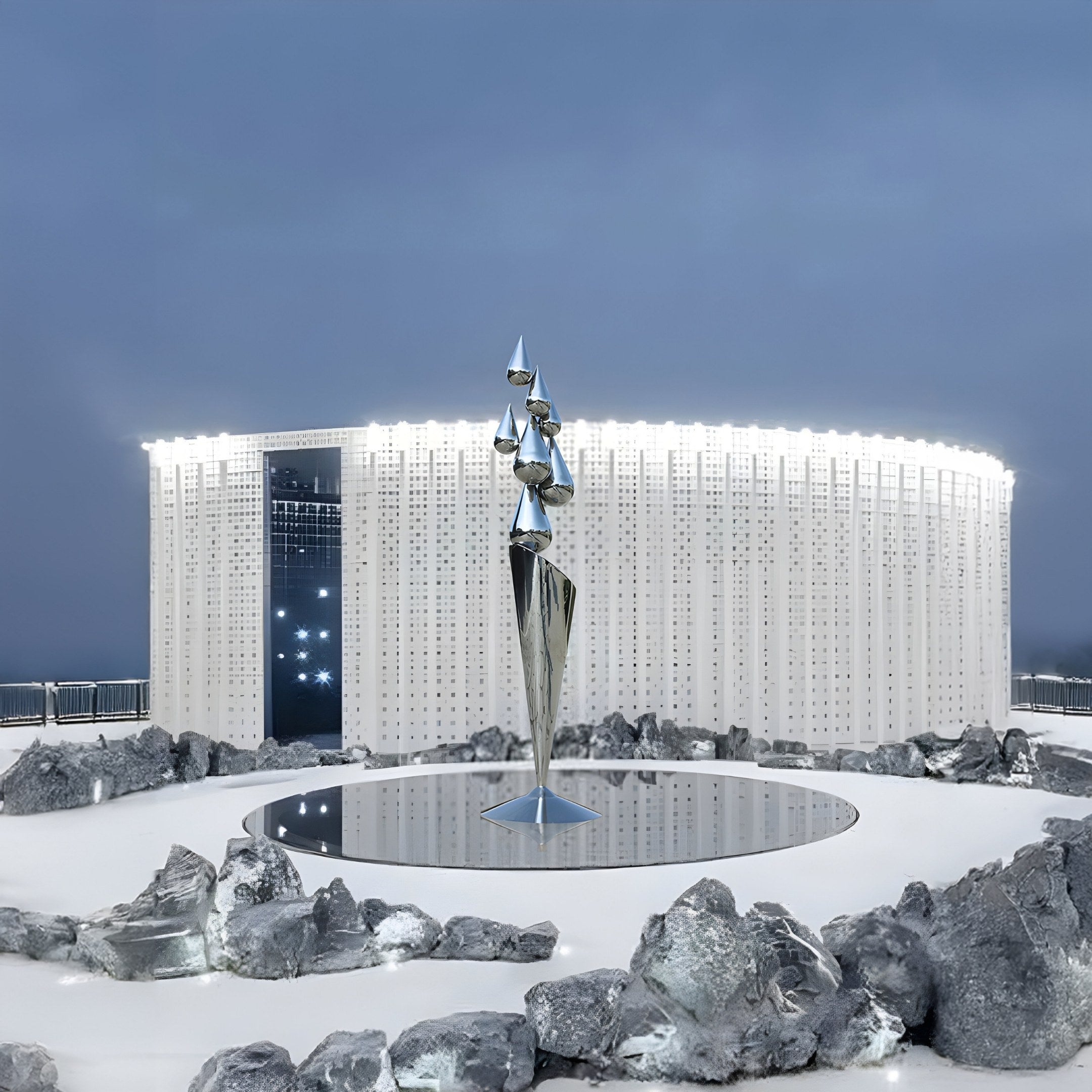 A modern circular building with a perforated facade glows against a cloudy sky. In front, the Teardrop Abstract Steel Outdoor Sculpture (215cm) by Giant Sculptures is reflected in a circular pool surrounded by jagged rocks, creating enchanting outdoor spaces.