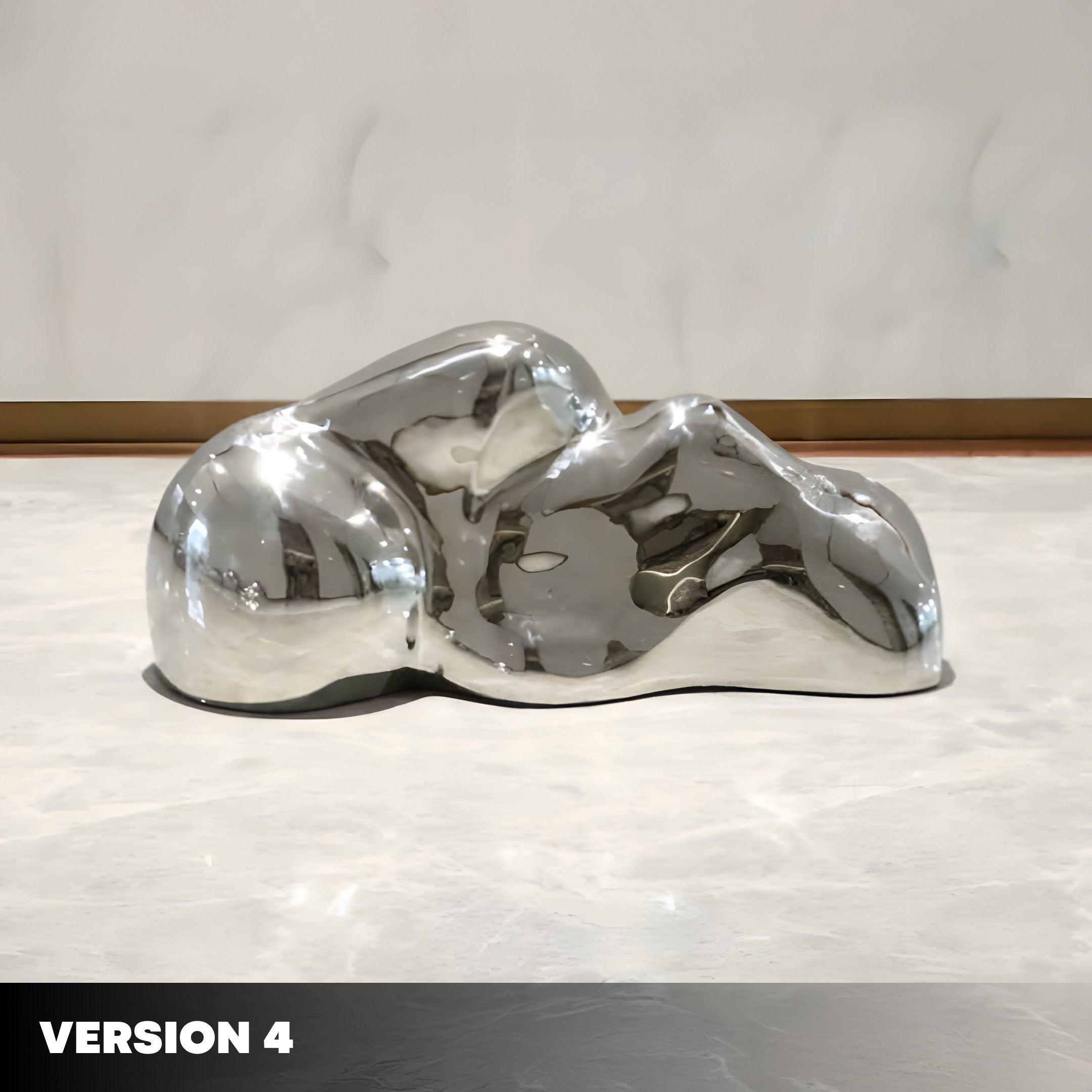 The Summit Abstract Steel Mountain Sculpture by Giant Sculptures, featuring polished, modern steel with smooth, flowing curves, is displayed on a light floor against a neutral wall. Its reflective surface mirrors its surroundings, and the label "Version 4" is positioned in the bottom left corner.