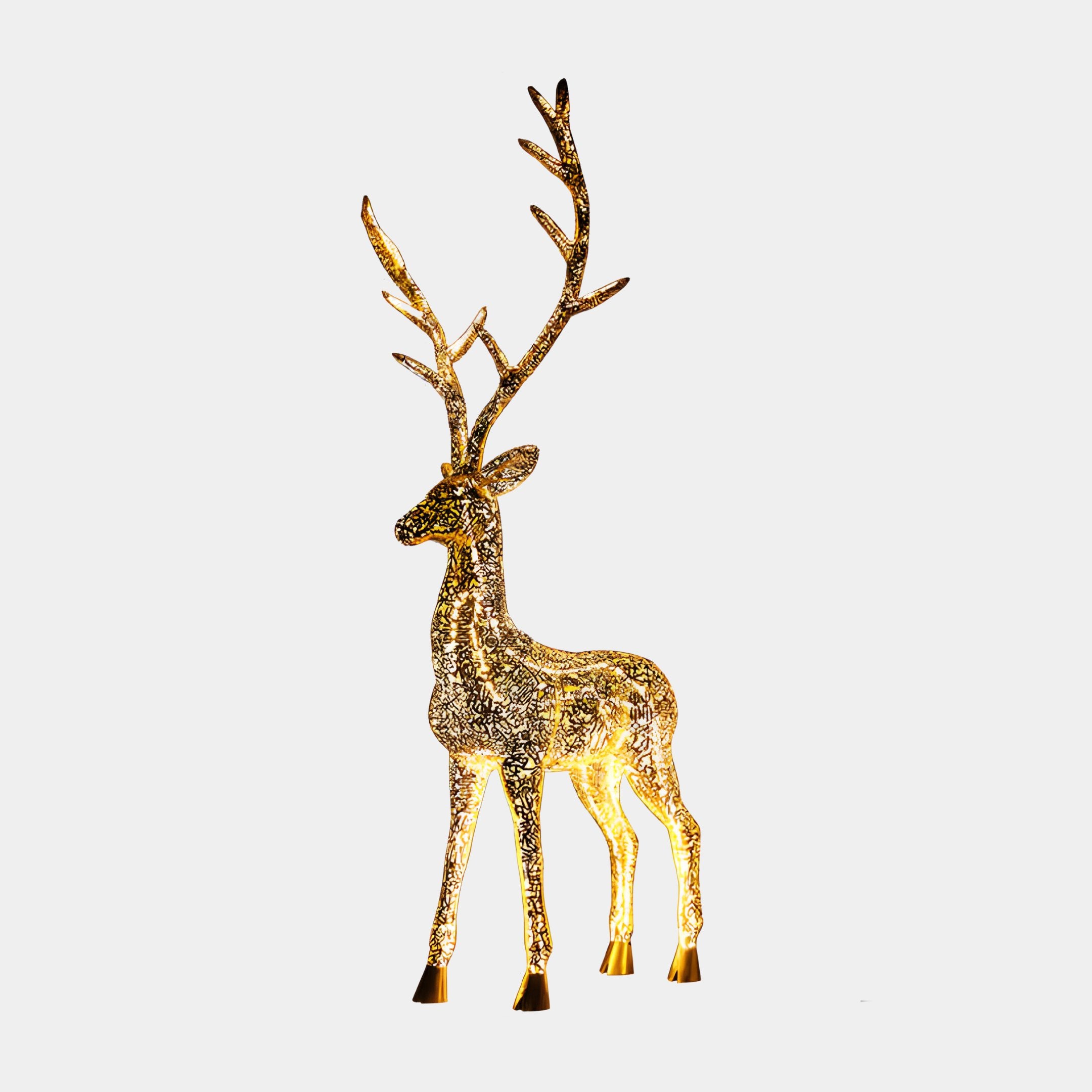 A Luminous Stag Gold Steel LED Sculpture, standing 212cm tall and featuring long antlers illuminated by LED lights, is showcased against a white background. This exquisite piece is crafted by Giant Sculptures.