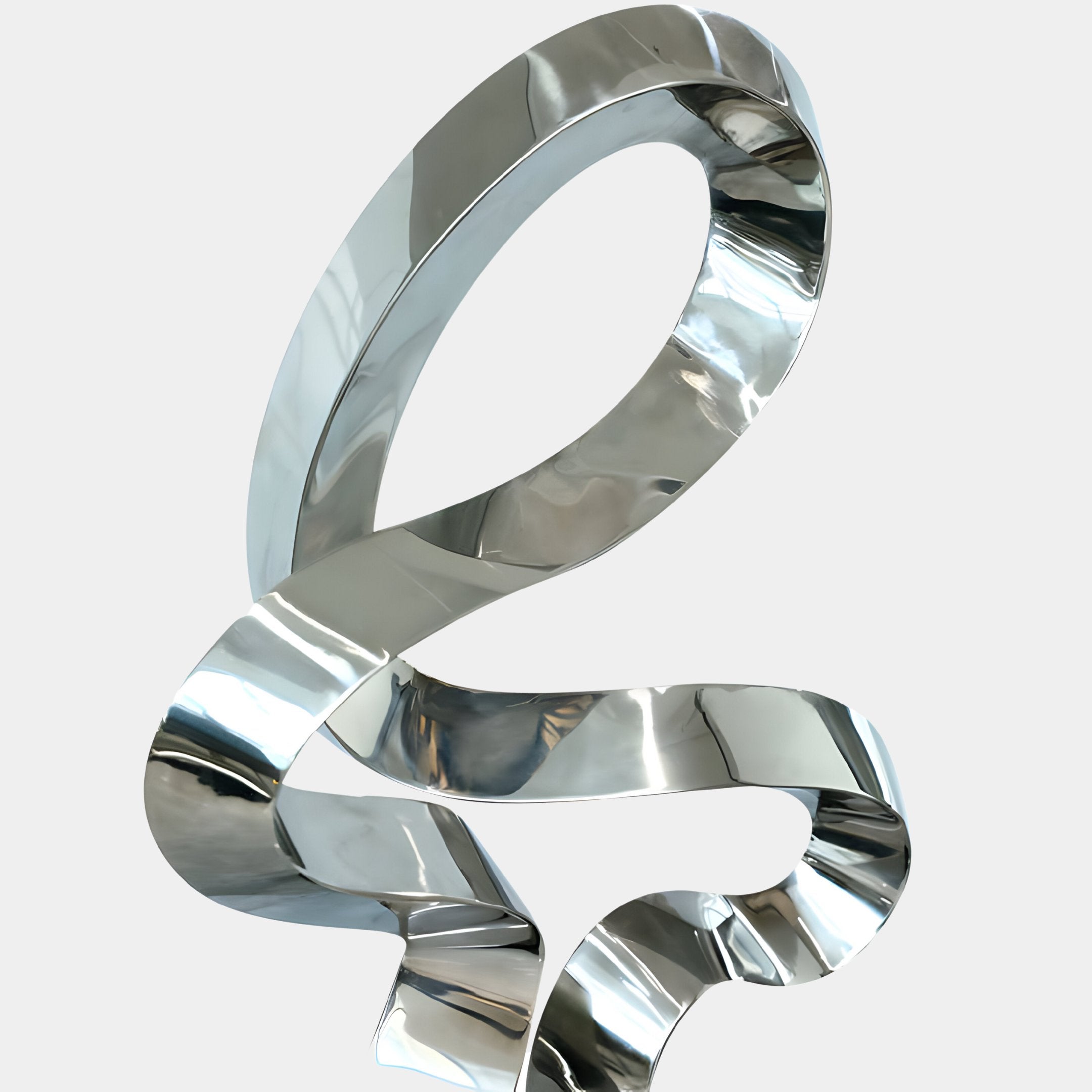 The Serpentine Silver Abstract Steel Sculpture - 87cm by Giant Sculptures is a contemporary piece showcasing smooth, reflective metallic surfaces. Its design consists of fluid, looping ribbons that twist and interweave, forming an elegant and dynamic visual impression against a neutral background.