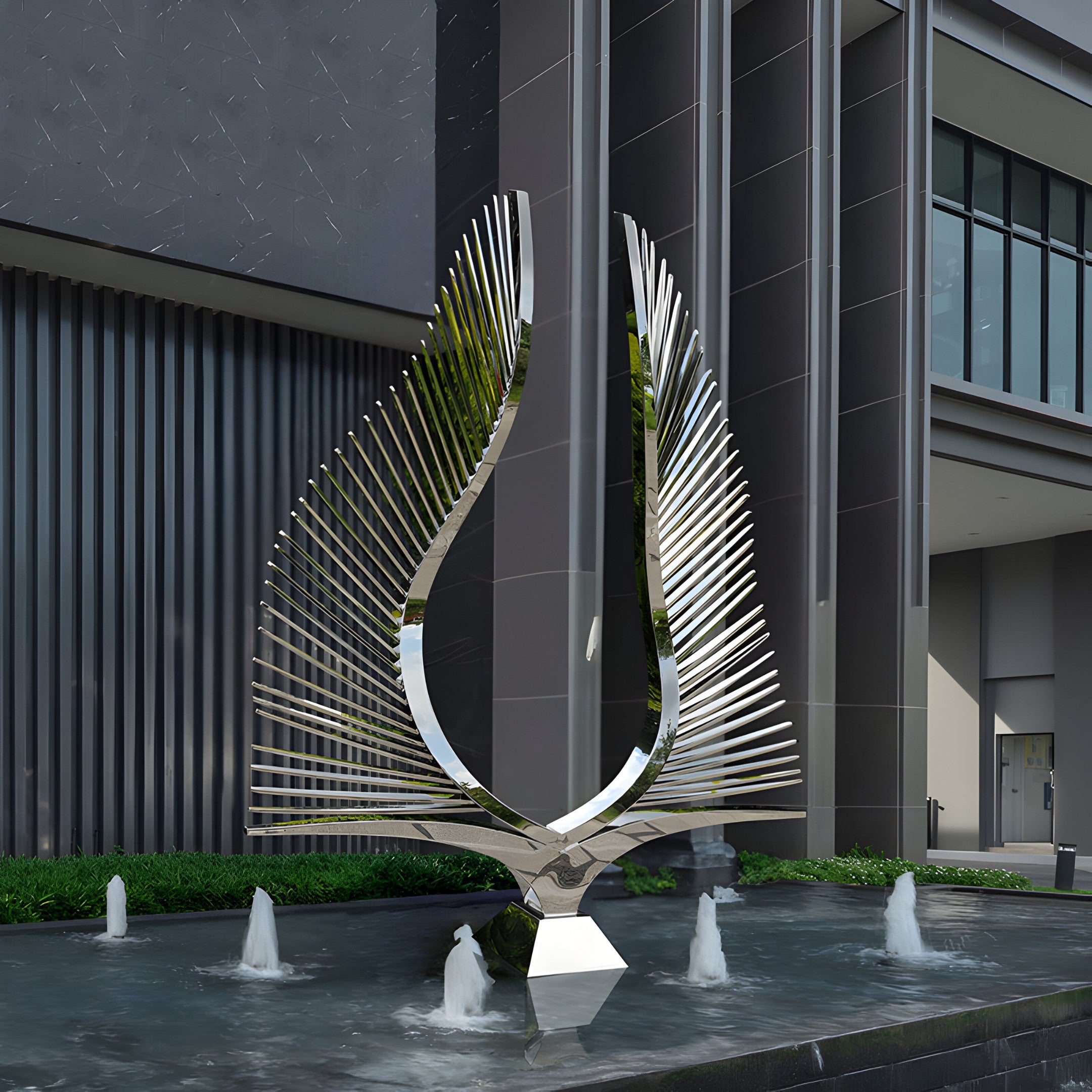 A sleek, modern sculpture crafted from steel and designed to resemble abstract wings stands majestically on a pedestal within a shallow fountain. The Celestial Rays Steel Outdoor Sculpture by Giant Sculptures, measuring 200 cm in height, is prominently displayed in front of a contemporary building adorned with large windows and vertical panels, with small fountains elegantly surrounding its base.