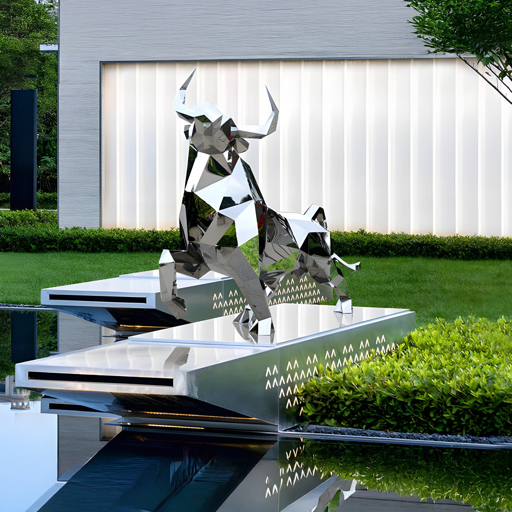 Geometric bull sculpture placed by a reflective water feature in an outdoor setting, blending modern art with natural elements.