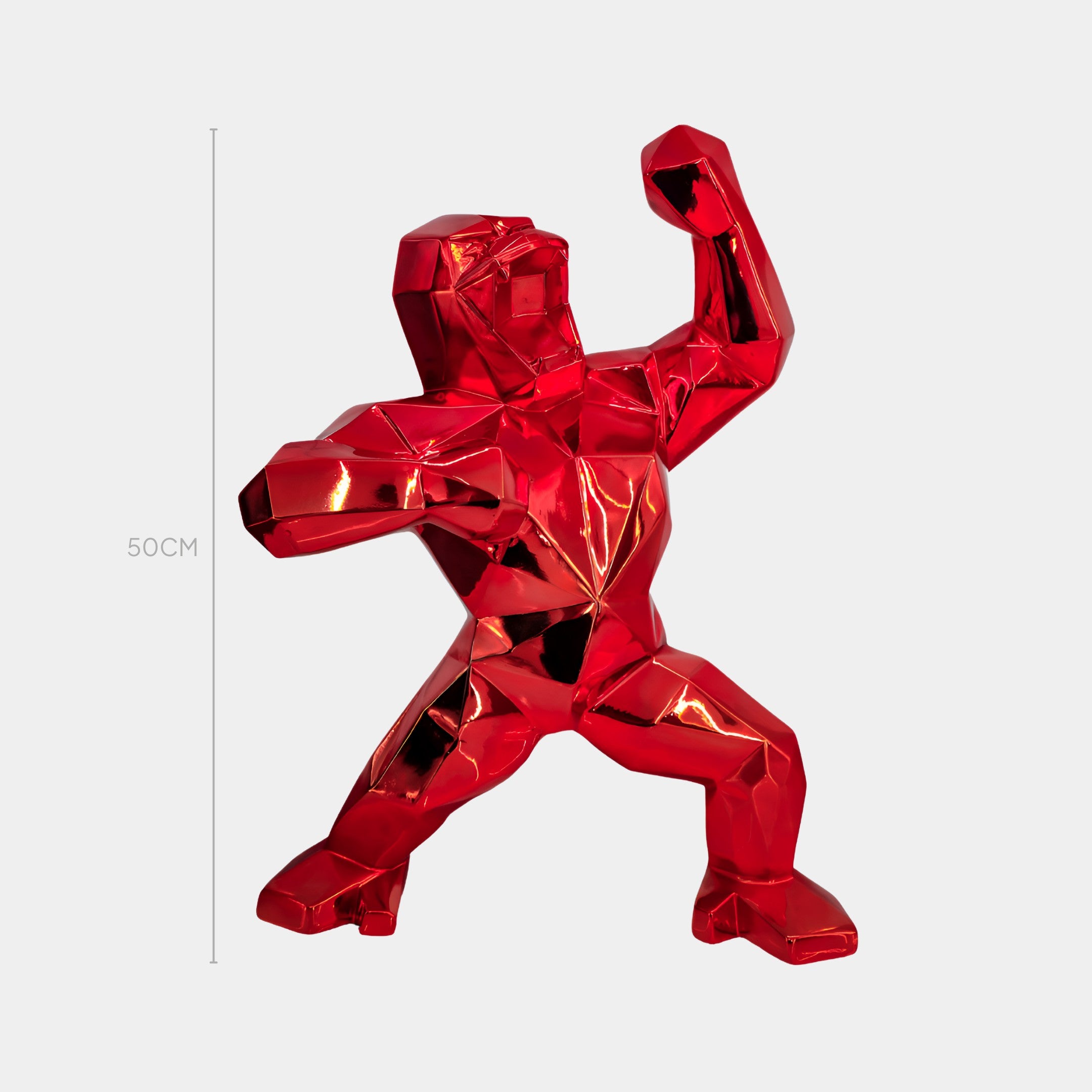 Front view of Fire Red Gorilla sculpture, a bold and modern luxury decor piece in vibrant red electroplated finish, ideal for contemporary art lovers.