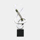 A sleek, silver abstract sculpture with intertwined loops on a black base.