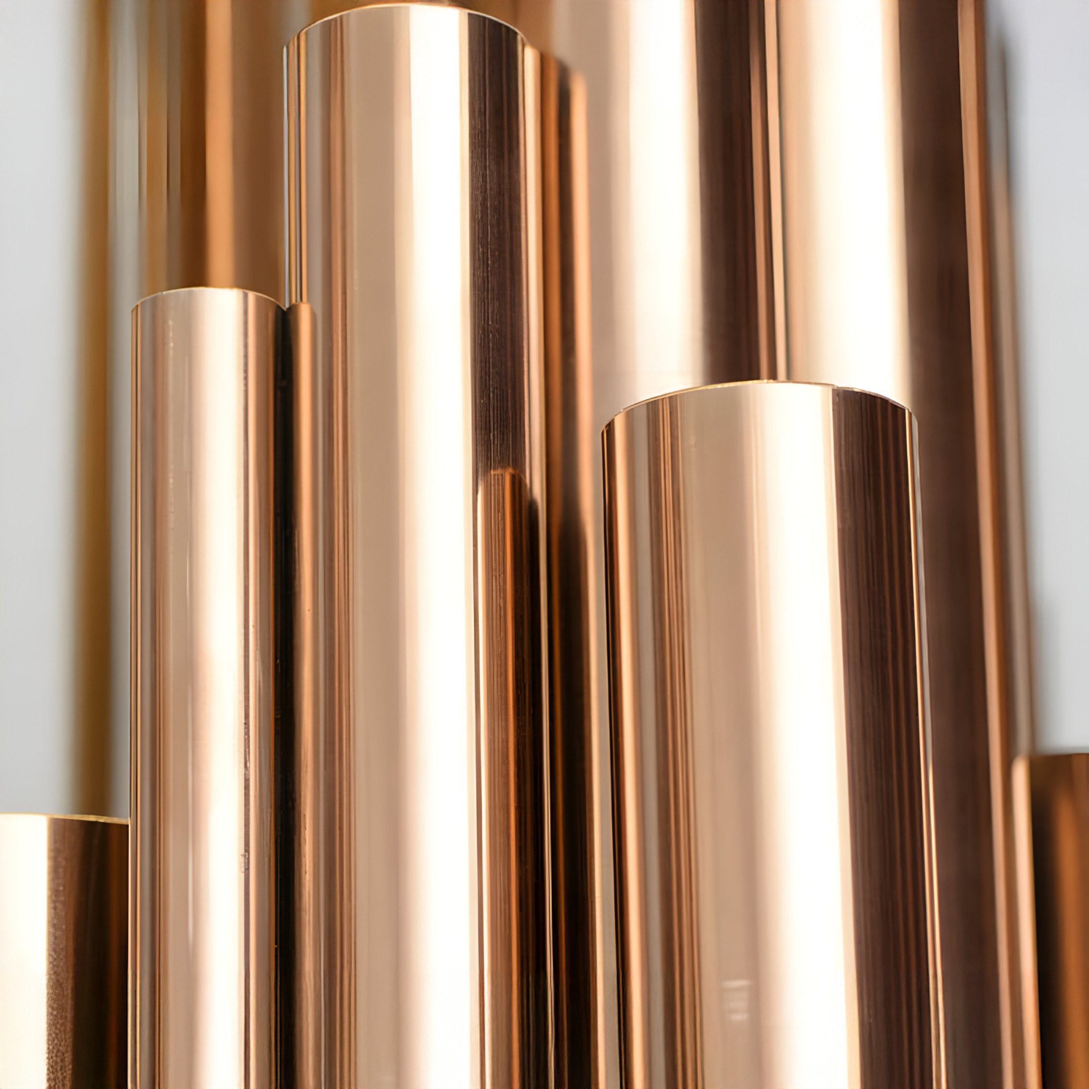 Close-up of multiple shiny bronze and stainless steel cylinders from the "Strata Copper Abstract Steel Sculpture - 165/220cm" by Giant Sculptures, standing upright in various heights, reflecting light. The smooth surfaces create an abstract, modern art appearance.