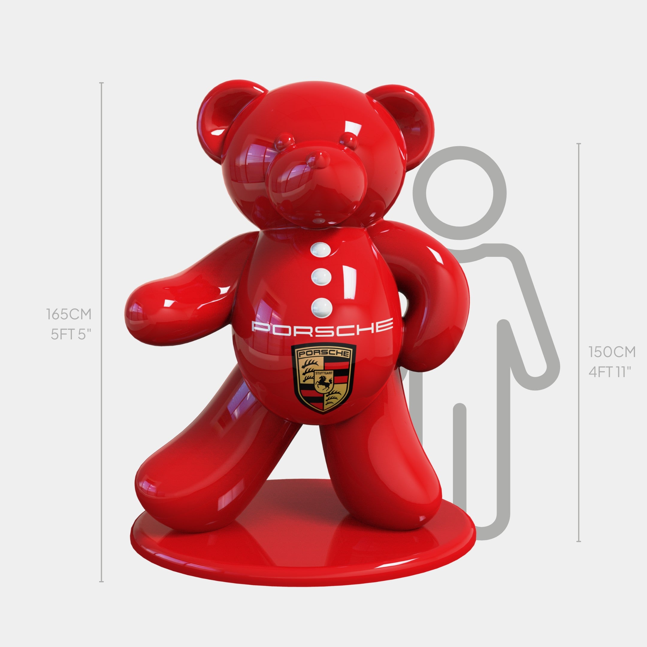 The Gacko Porsche Bear Sculpture by Giant Sculptures, standing 165 cm tall, is a glossy red artwork on a circular base featuring white buttons and the Porsche logo. With an adjacent silhouette for scale, it blends pop art with automotive design.