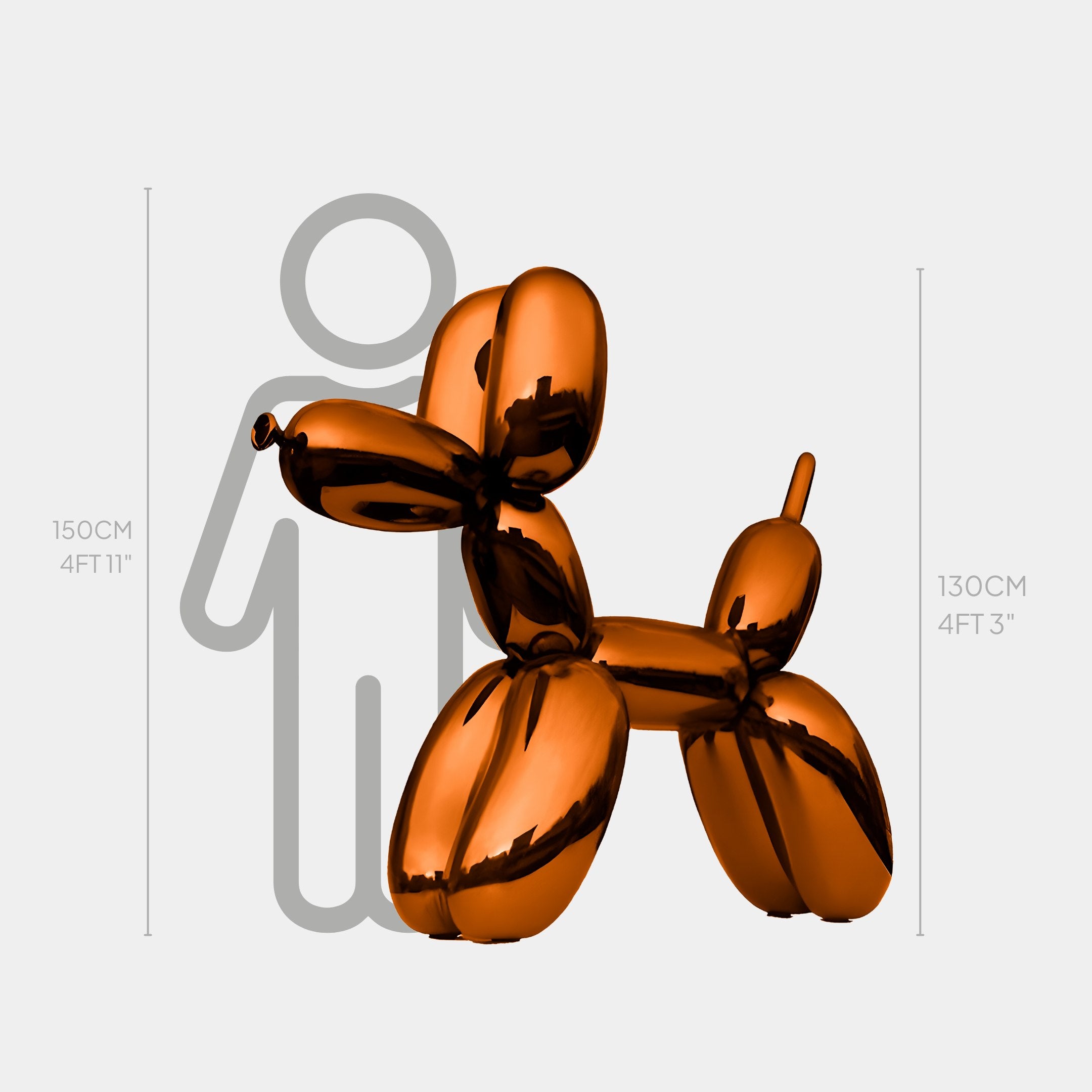 The Giant Sculptures Sunset Orange Balloon Dog Sculpture stands at 130 cm (4 ft 3 in) beside a human silhouette for scale, which is 150 cm (4 ft 11 in) tall.