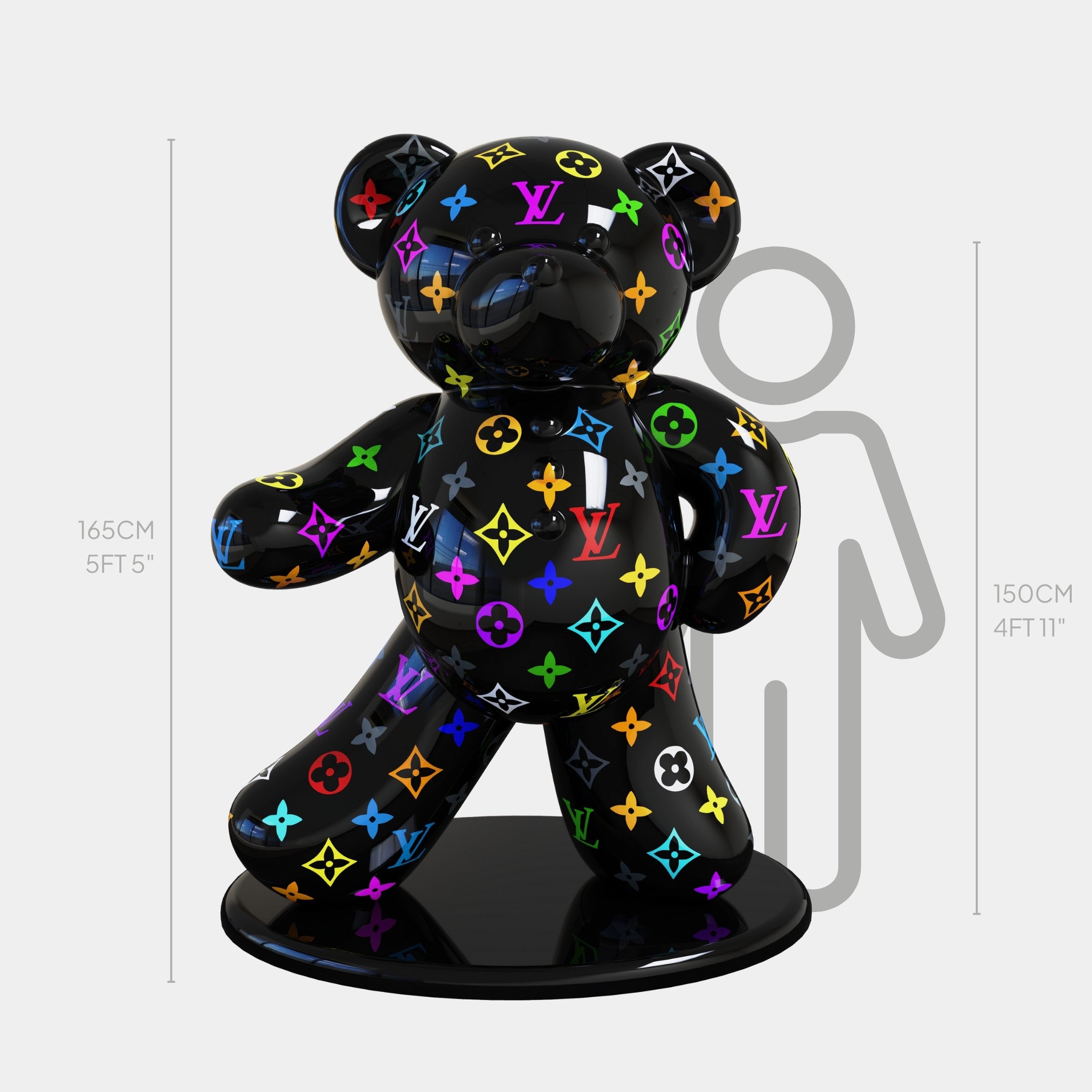 A glossy black Gacko Multicoloured LV Bear Sculpture stands at 165 cm (5 ft 5) on a round base, its vibrant patterns reflecting pop art vibes. Next to it, a gray outline of a person underscores this André Gacko collaboration masterpiece by Giant Sculptures.