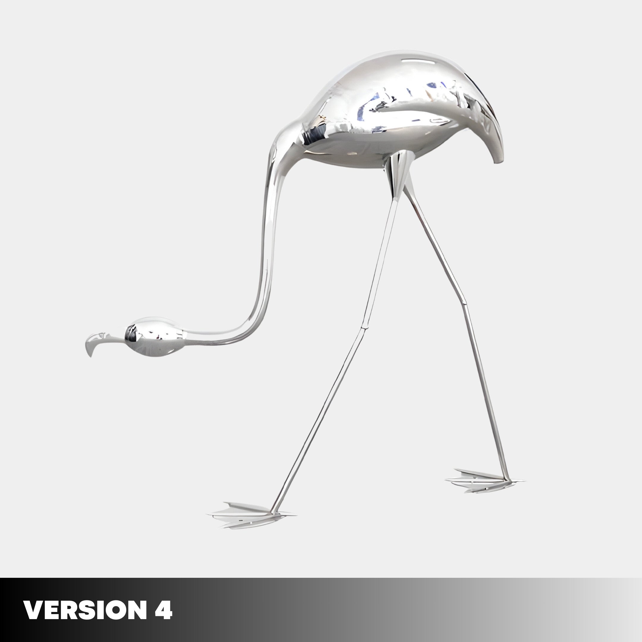 Against a plain background, the Flamingo Stainless Steel Outdoor Sculpture by Giant Sculptures stands tall with elongated legs and a sleek, modern design. Version 4 is boldly displayed in white on a gradient black strip in the lower left corner.