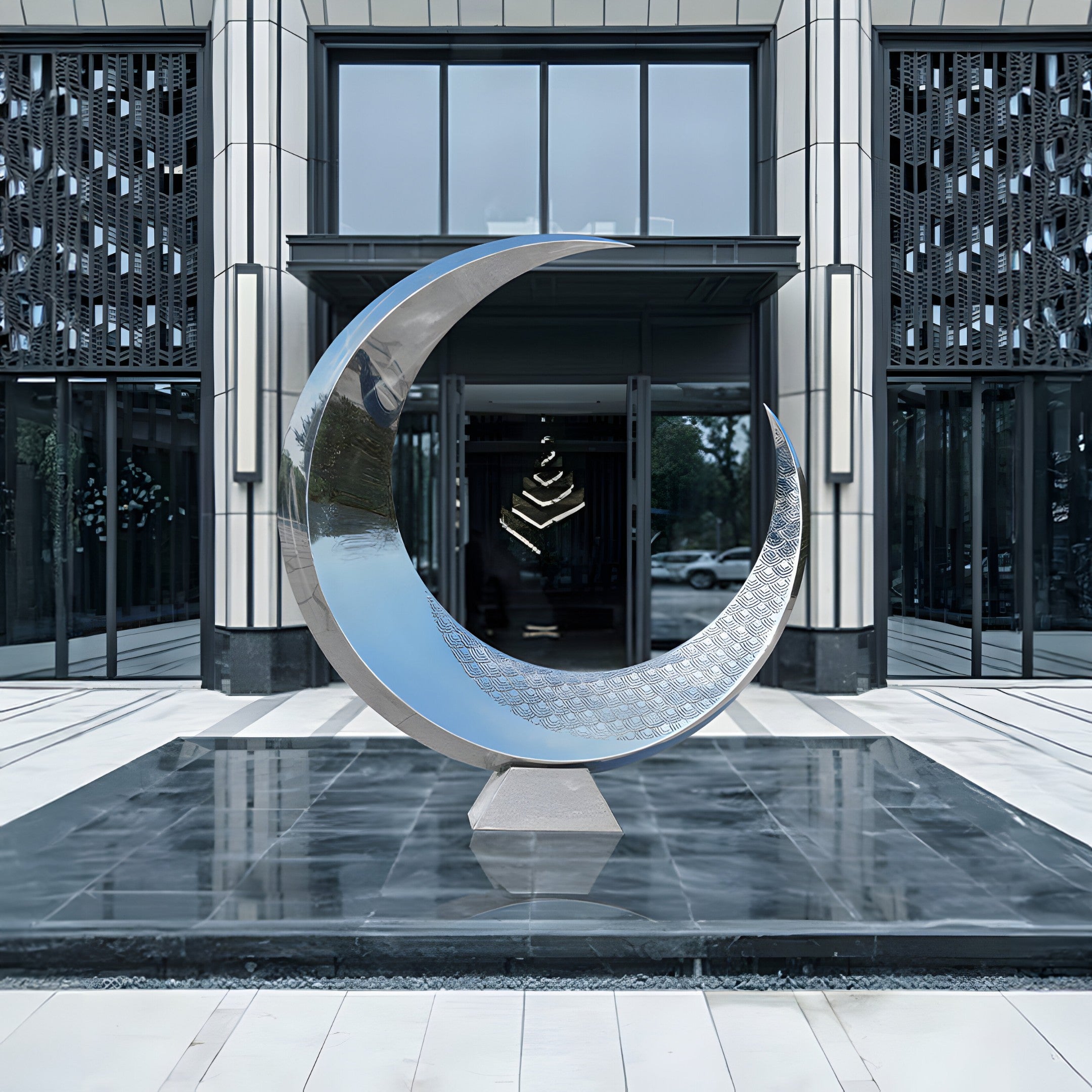 A crescent-shaped abstract sculpture placed near a pool, its stainless steel surface gleaming under natural light, adding elegance to outdoor areas.