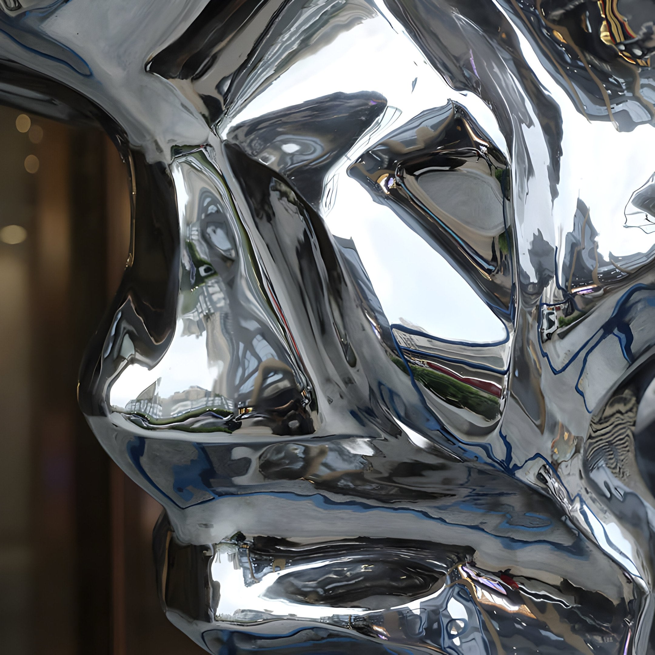 Detailed shot of abstract stainless steel, highlighting the reflective, fluid design that mirrors surrounding elements, perfect for contemporary interiors.