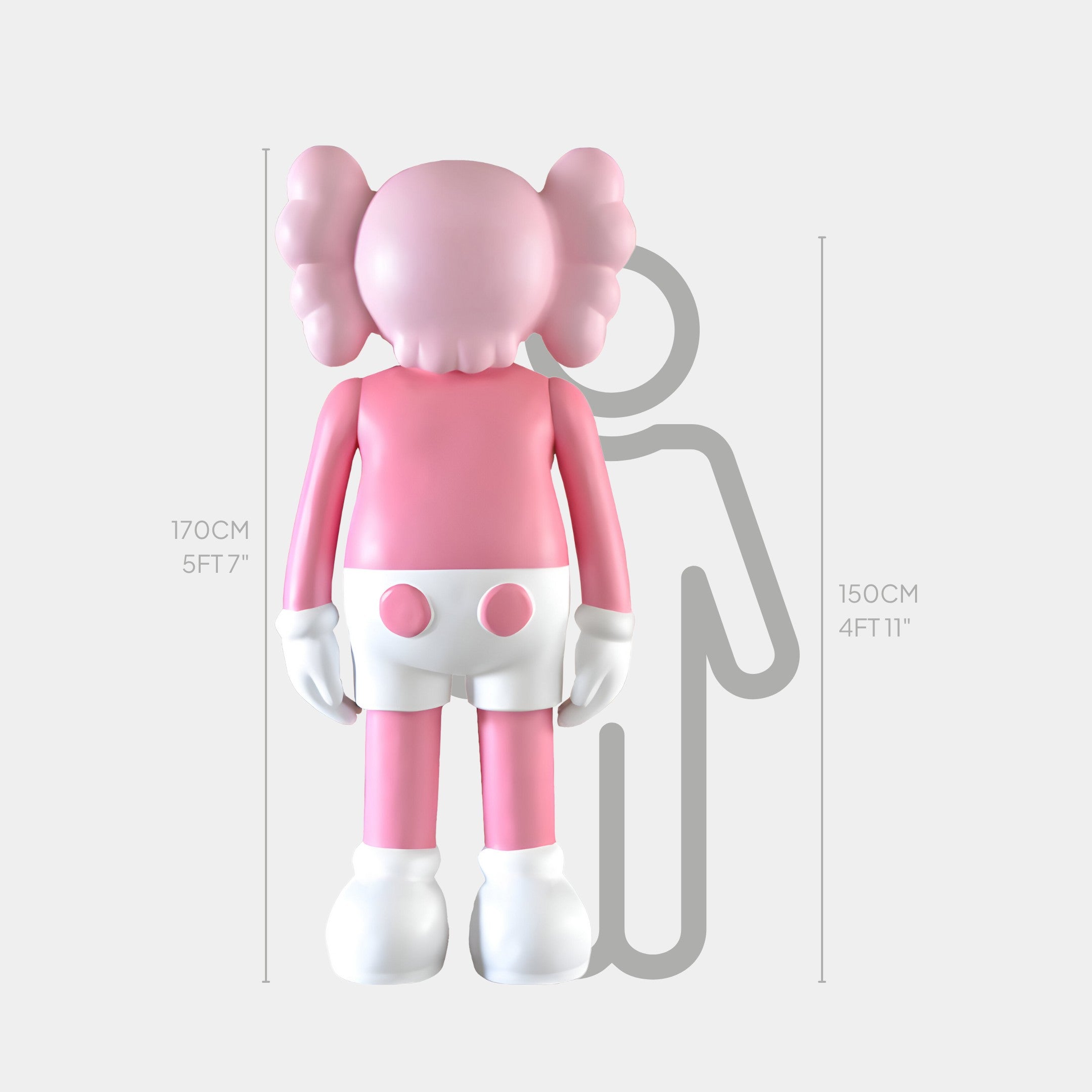 The Soft Pink Iconify Standing Sculpture by Giant Sculptures stands 170 cm tall, featuring white gloves, shoes, large ears, and round accents with a modern minimalist design providing artistic sophistication against a 150 cm silhouette.