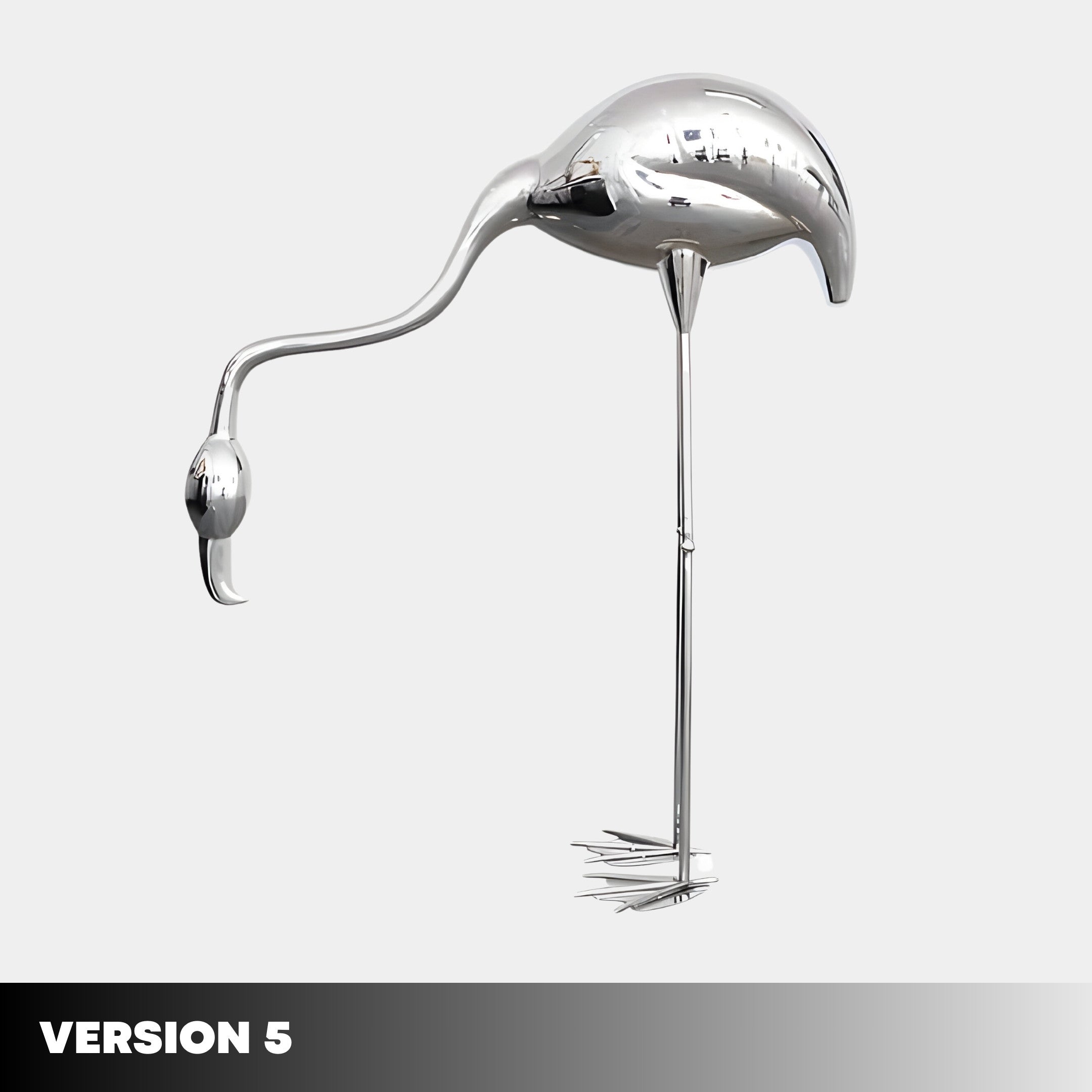 The Flamingo Stainless Steel Outdoor Sculpture by Giant Sculptures features a sleek metallic design with a glossy finish, standing on one leg in minimalist elegance. Perfect for outdoors, it includes Version 5 on a black gradient base and is available in sizes 94/147cm.