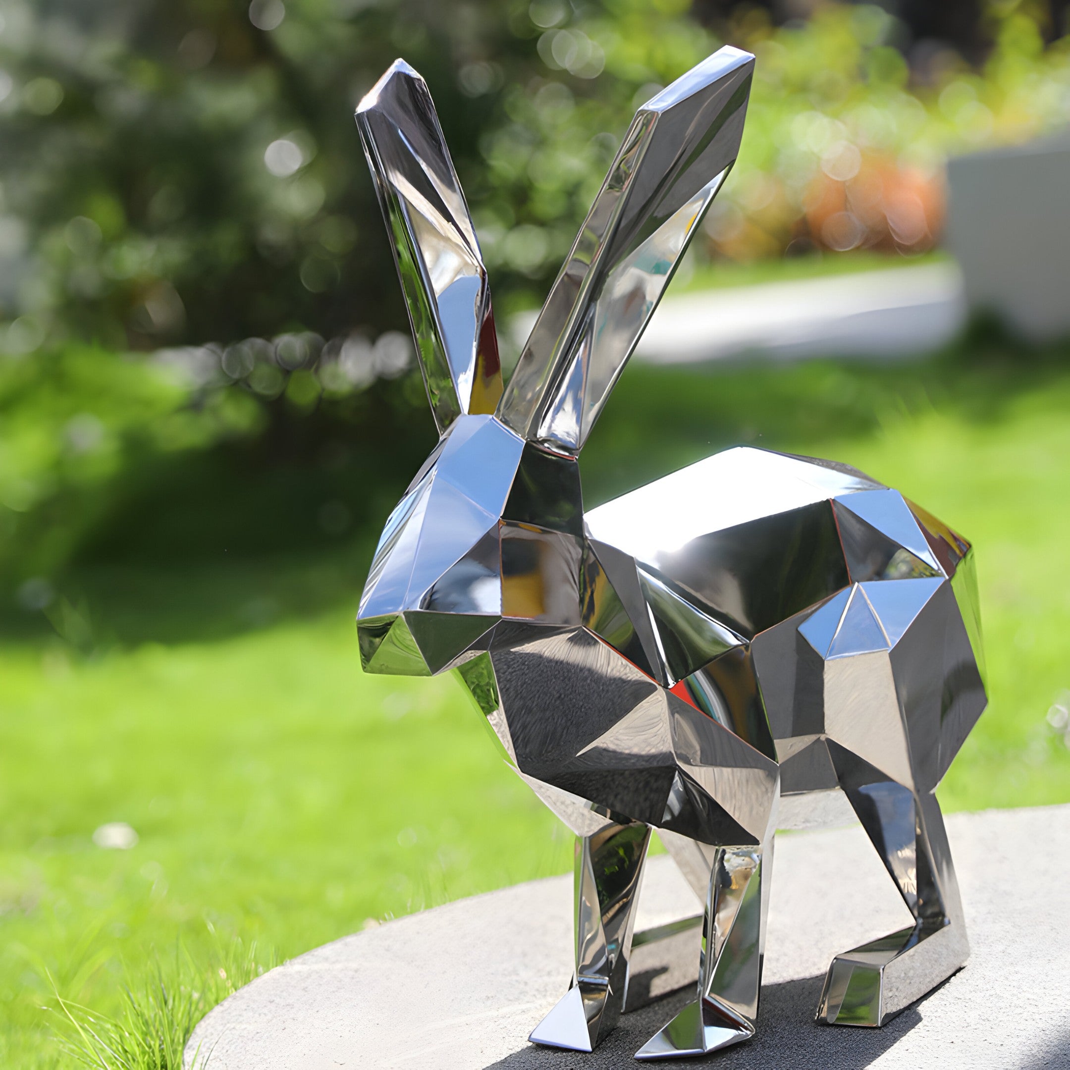 The Coco III Rabbit Steel Outdoor Sculpture by Giant Sculptures elegantly stands on a concrete surface, its shiny metallic finish beautifully reflecting the sunlight. This 47cm piece of outdoor rabbit art enhances the vibrant green lawn and softly blurred foliage in the background, crafting a luminous and peaceful contemporary garden ambiance.