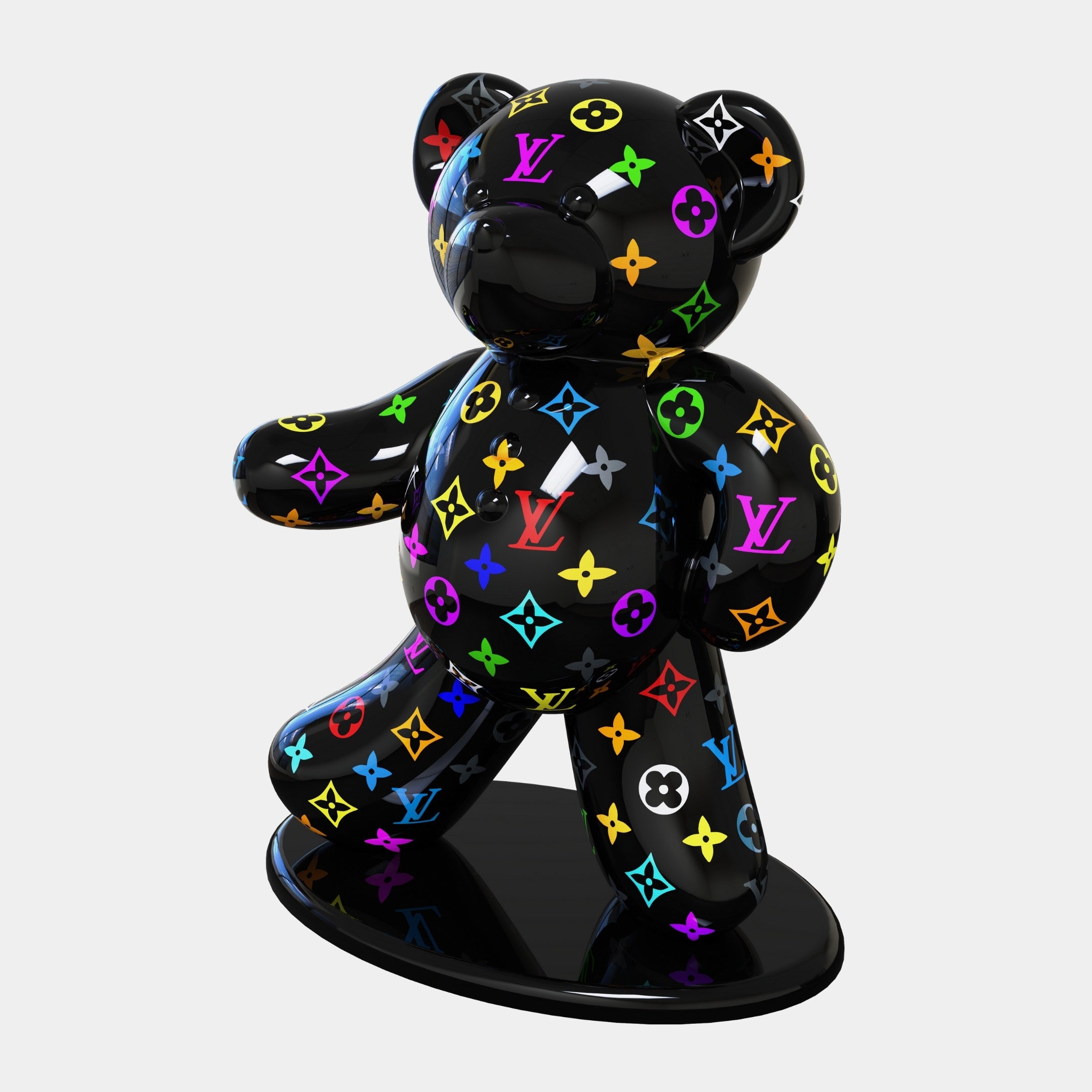 The Gacko Multicoloured LV Bear Sculpture by Giant Sculptures is a glossy black 165cm teddy bear featuring André Gackos pop art style with vibrant letters and symbols, playfully standing on a matching black base.