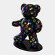 The Gacko Multicoloured LV Bear Sculpture by Giant Sculptures is a glossy black 165cm teddy bear featuring André Gackos pop art style with vibrant letters and symbols, playfully standing on a matching black base.