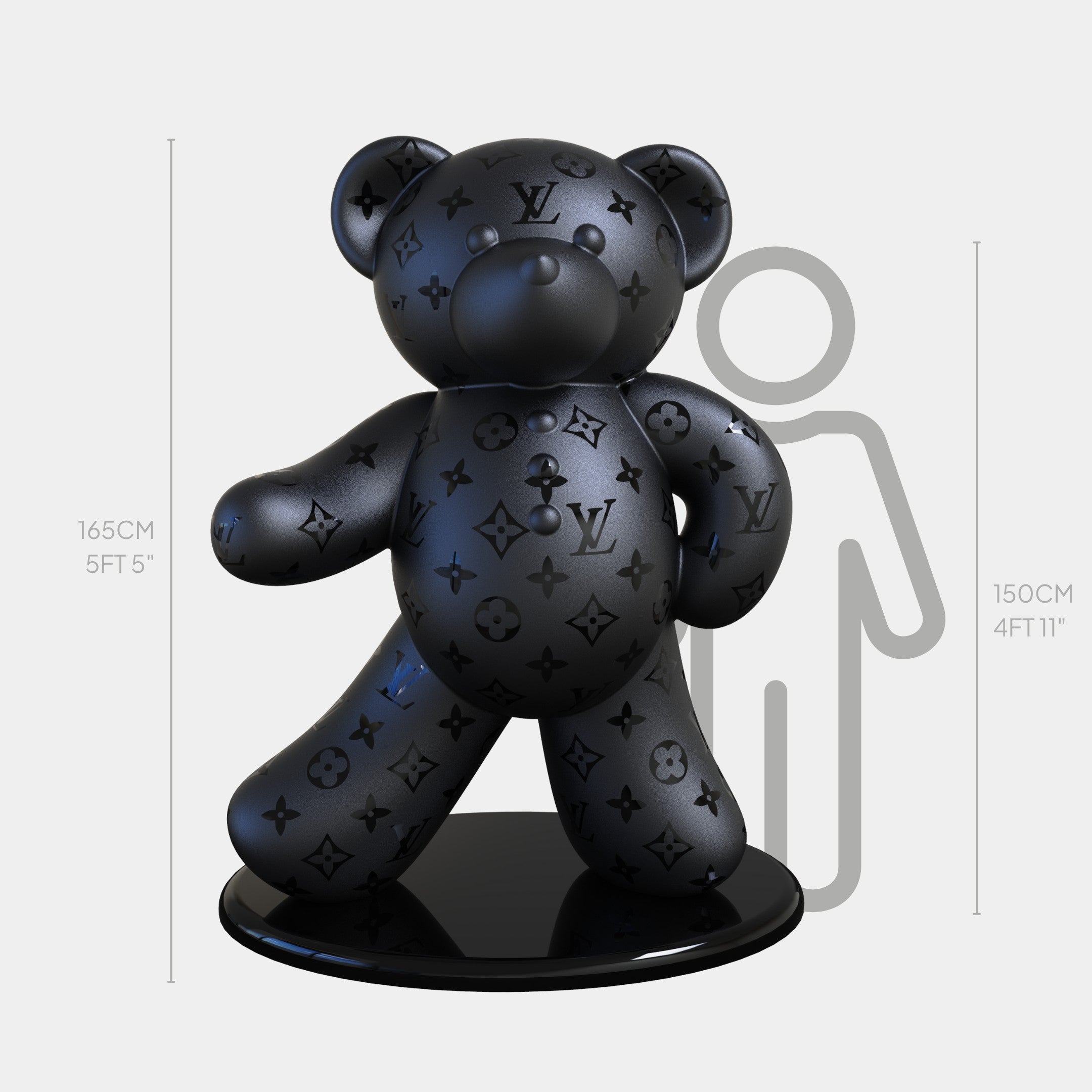 The Gacko Black LV Bear Sculpture by Giant Sculptures is a modern pop art piece featuring a black teddy bear with a monogram pattern on a circular base. The bear stands at 165 cm, and a silhouette beside it shows an individual who measures 150 cm for height comparison.