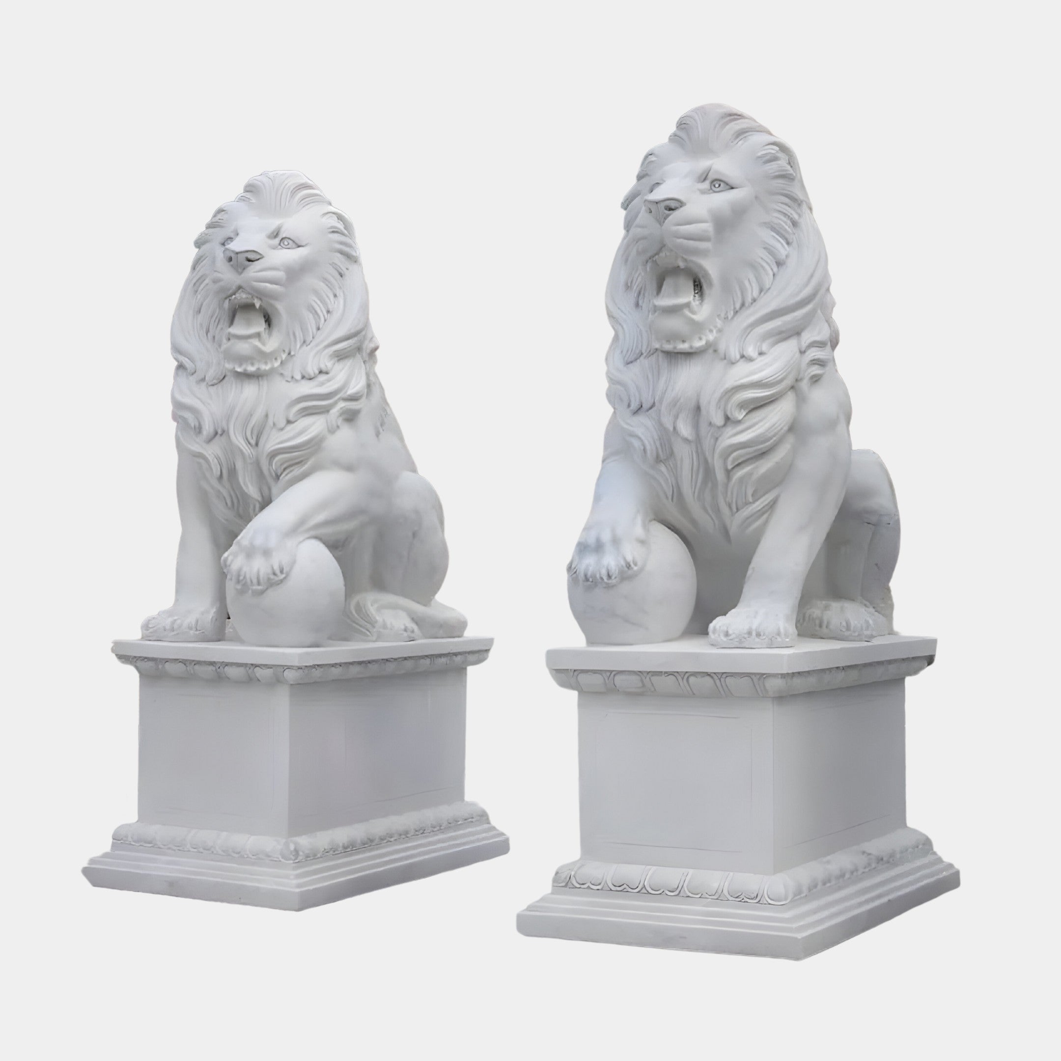 Giant Sculptures presents the Giant Lion With Ball Marble Outdoor Sculpture, standing at 180cm. These majestic lion statues are set atop square pedestals, making them ideal for garden decor. Crafted with flowing manes and fierce expressions, each lion holds a smooth orb beneath its paw, featuring intricate detailing that elevates their regal presence in any outdoor space.