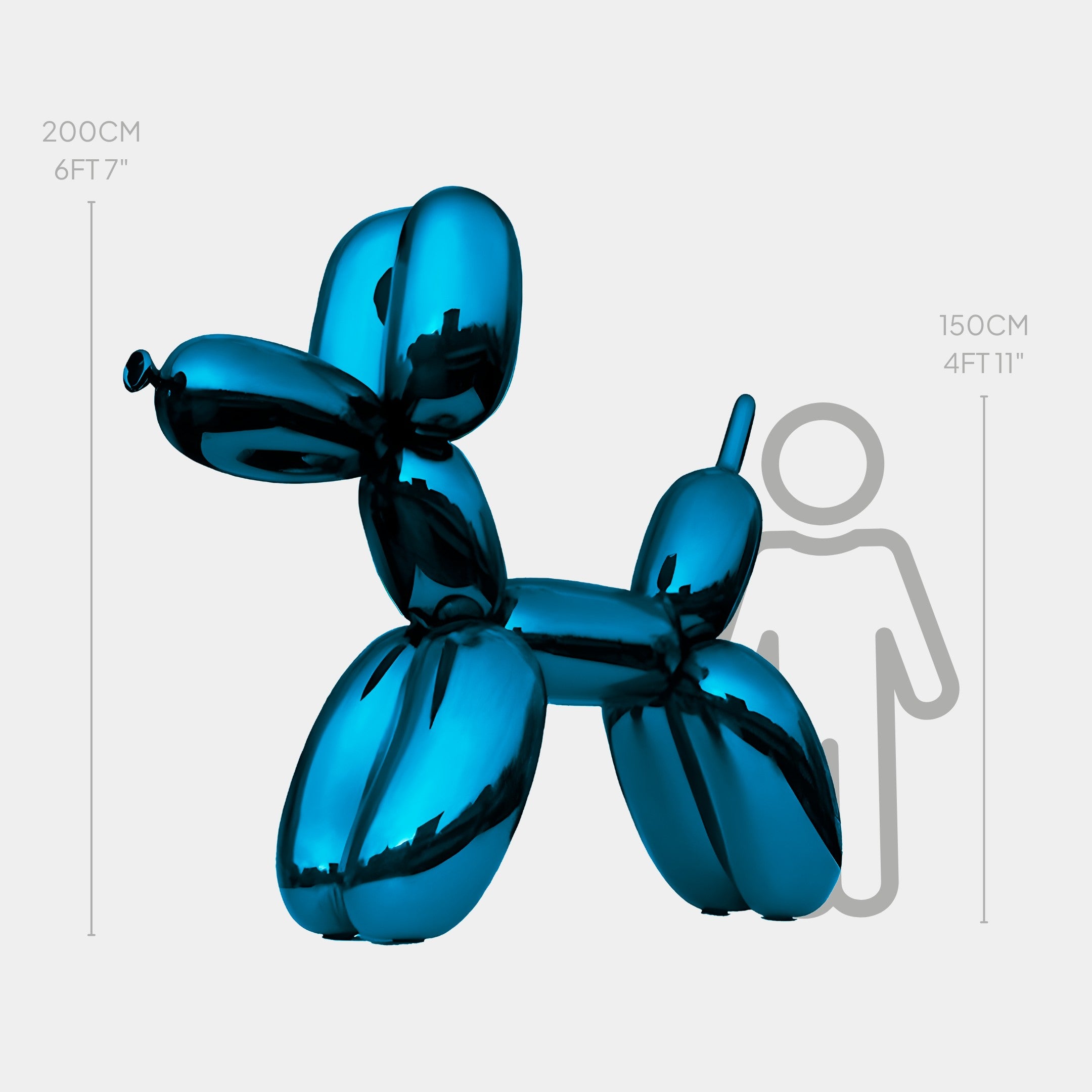 A breathtaking piece of contemporary art, the Sapphire Blue Balloon Dog Sculpture - 200cm by Giant Sculptures stands tall above a 150 cm silhouette for reference. Set against a plain white backdrop, this gleaming decor piece demands attention with its striking and bold presence.