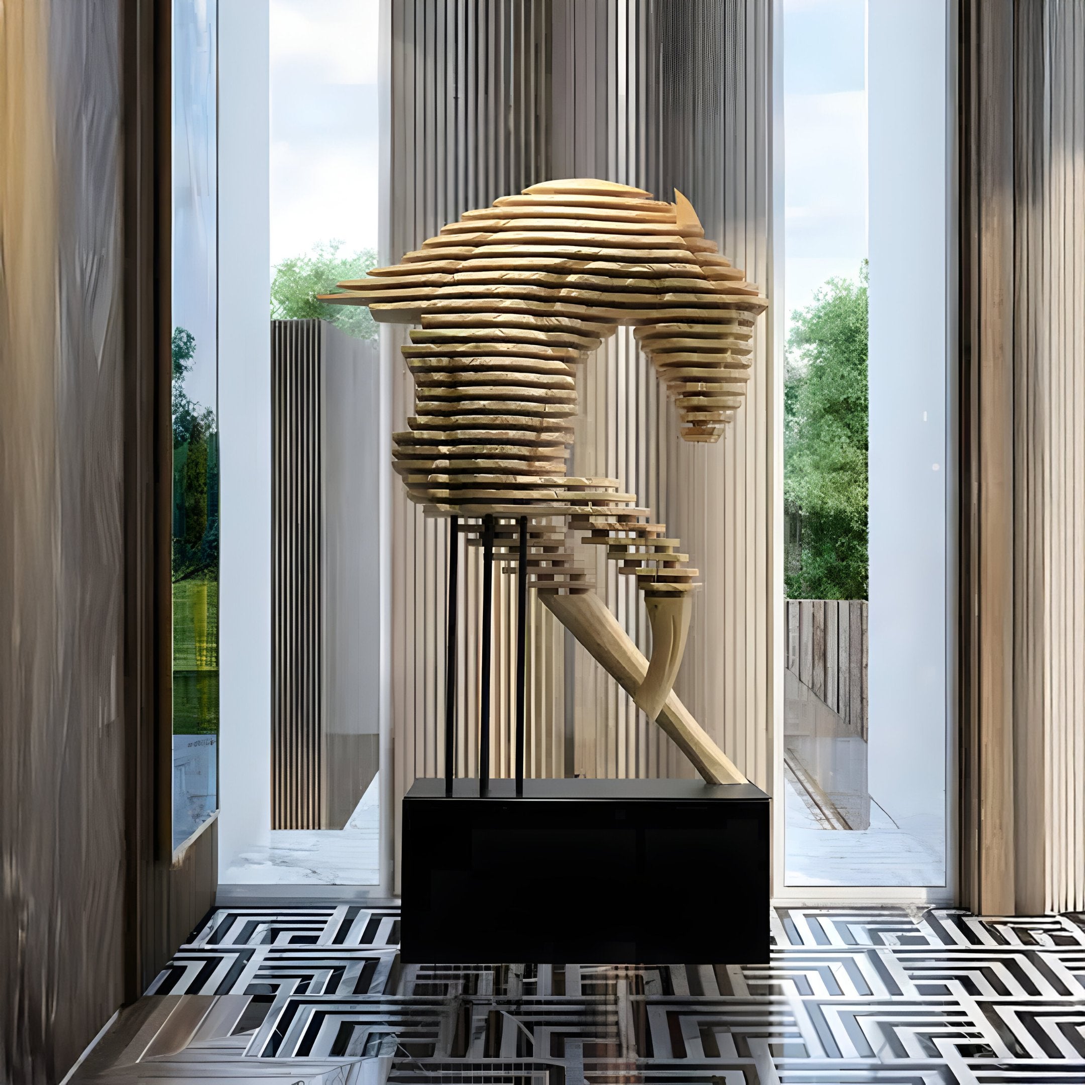 A contemporary Rising Stallion Steel Horse Sculpture by Giant Sculptures stands prominently in a well-lit room with tall windows. The flooring is adorned with a geometric black and white pattern, and greenery can be seen through the glass panes.