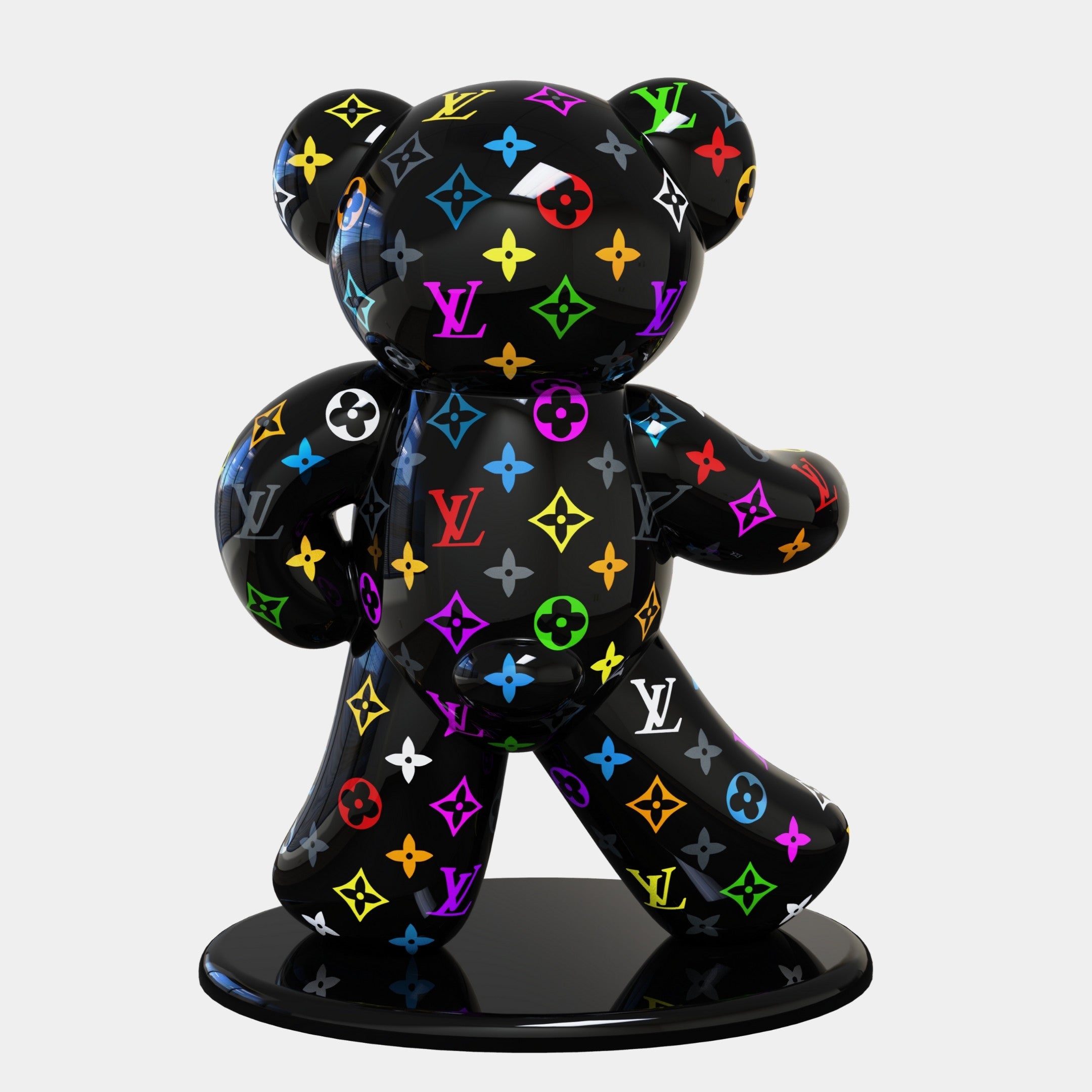 The glossy black Gacko Multicoloured LV Bear Sculpture by Giant Sculptures stands 165cm tall on a round base, adorned with André Gackos playful Pop Art-inspired motifs in greens, purples, reds, yellows, and blues.