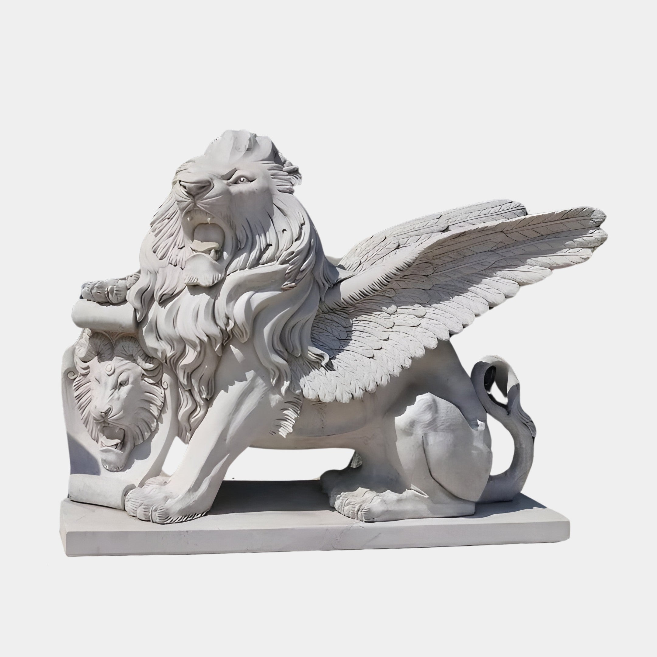 The Giant Winged Lion Marble Outdoor Sculpture by Giant Sculptures features a fierce, long-maned lion with detailed wings and a curled tail, perfect for garden décor. This 160cm white marble piece rests on a rectangular base.