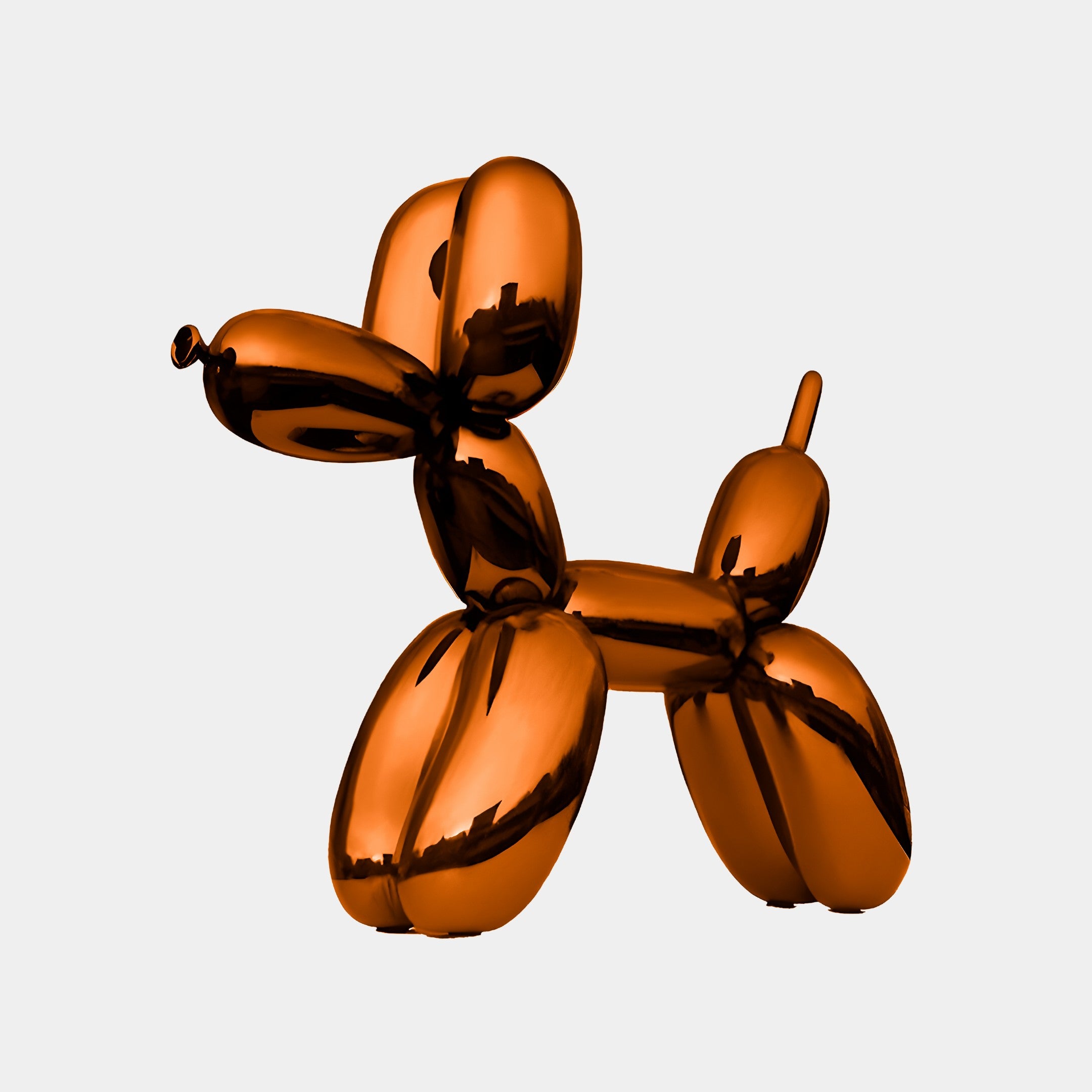 Glossy orange dog sculpture with a smooth, reflective finish, posed in a playful stance with its tail raised. The sculpture stands 90cm tall and resembles a balloon animal.