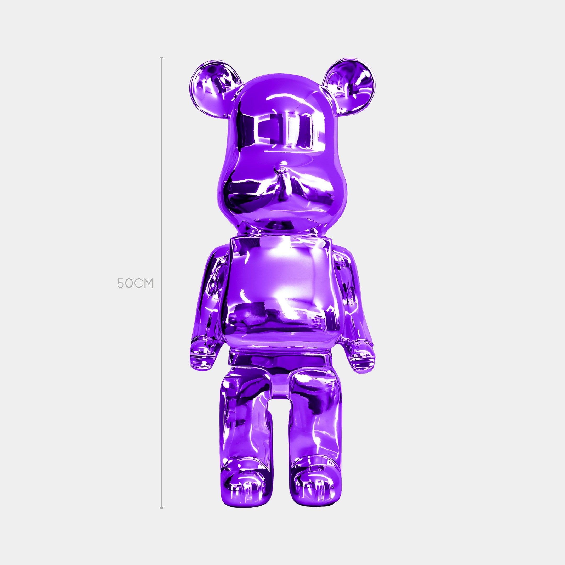 The Phantom Purple Bear Sculpture by Giant Sculptures measures 50 cm in height and features a glossy, see-through bear-shaped design set against a simple white background. Made from high-quality resin, its electroplated finish brings an element of luxury to this toy-like piece.