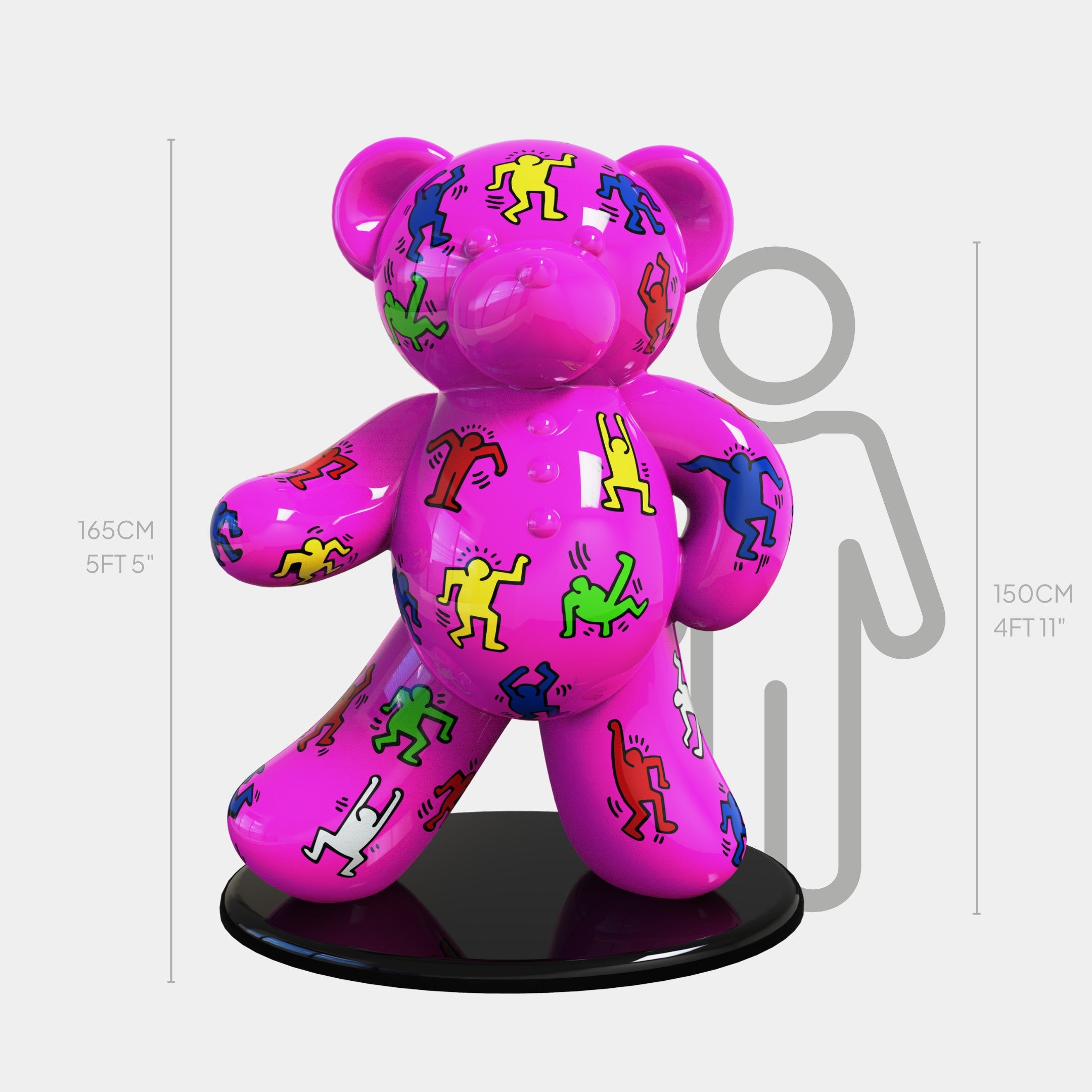 The Gacko Keith Haring Pink Bear Sculpture by Giant Sculptures is a 165 cm tall pink teddy bear adorned with colorful pop art figures, standing on a black circular base next to a 150 cm height comparison silhouette.