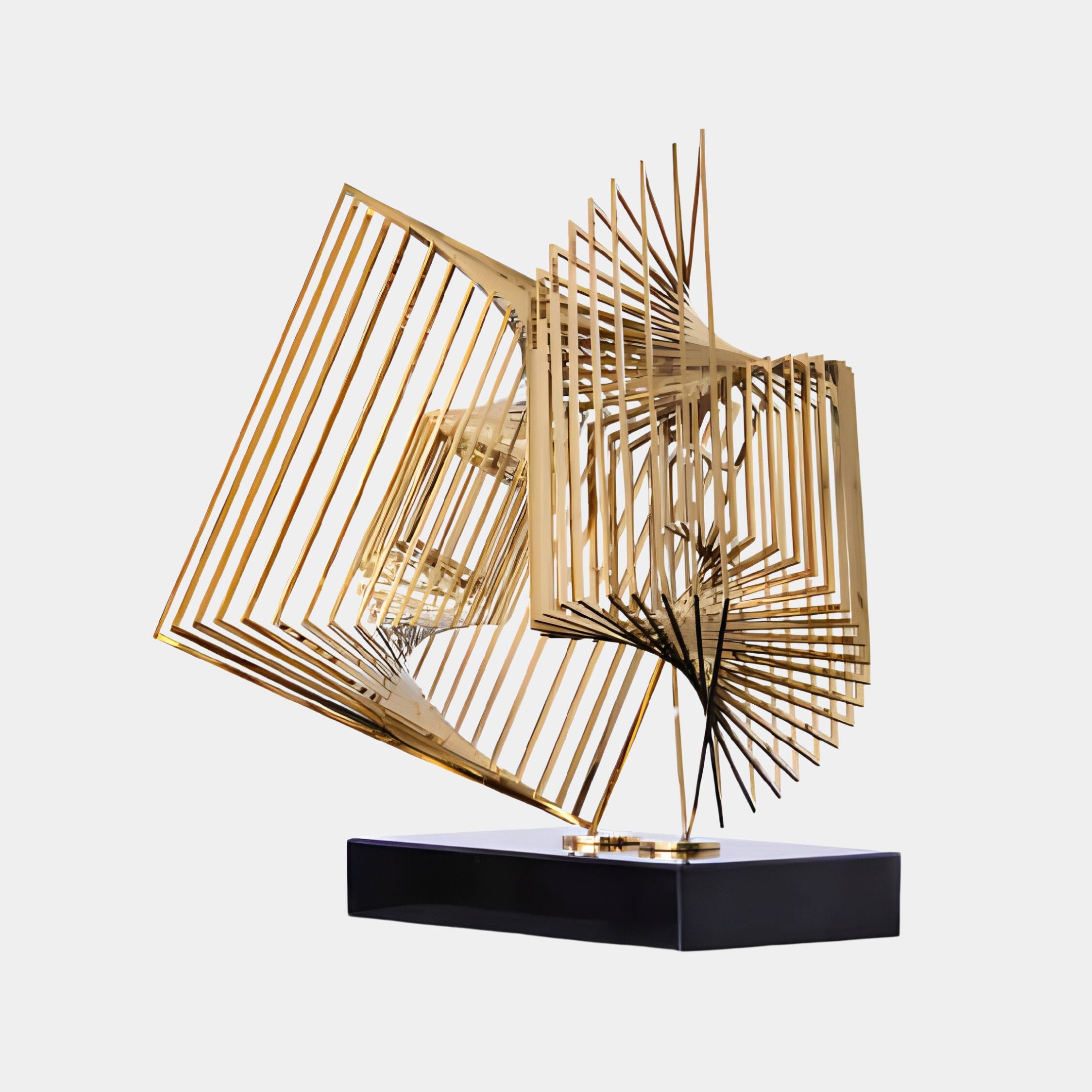 The Quantum Gold Geometric Steel Sculpture by Giant Sculptures, measuring 46cm, features an engaging abstract spiral crafted from interlocking polished metal rods. It is elegantly mounted on a sleek black rectangular base, embodying modern space decor with a touch of sophisticated allure.