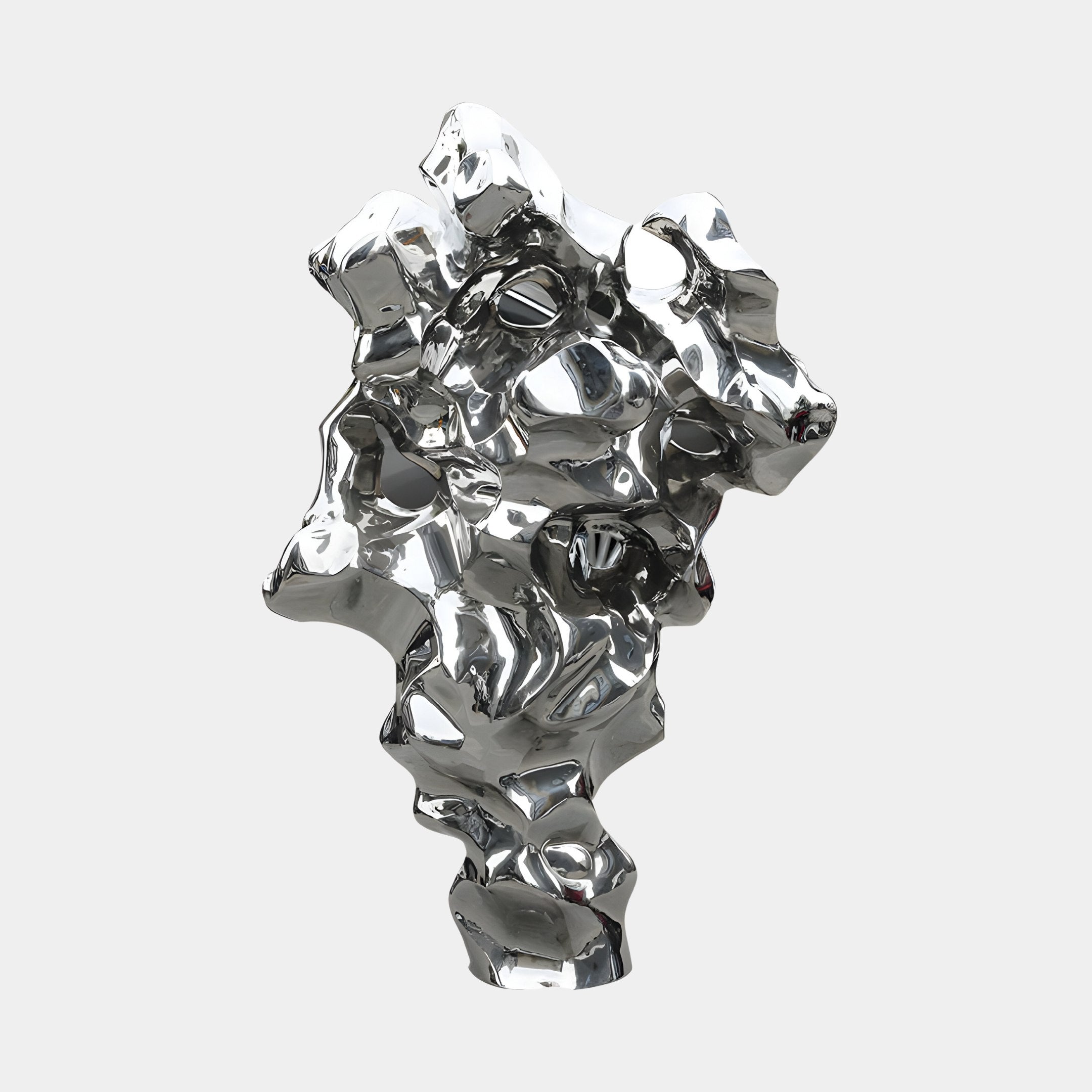 Abstract stainless steel sculpture featuring fluid, molten-like shapes. Reflective surface emphasizes modern design, ideal for both indoor and outdoor placement in luxury spaces.